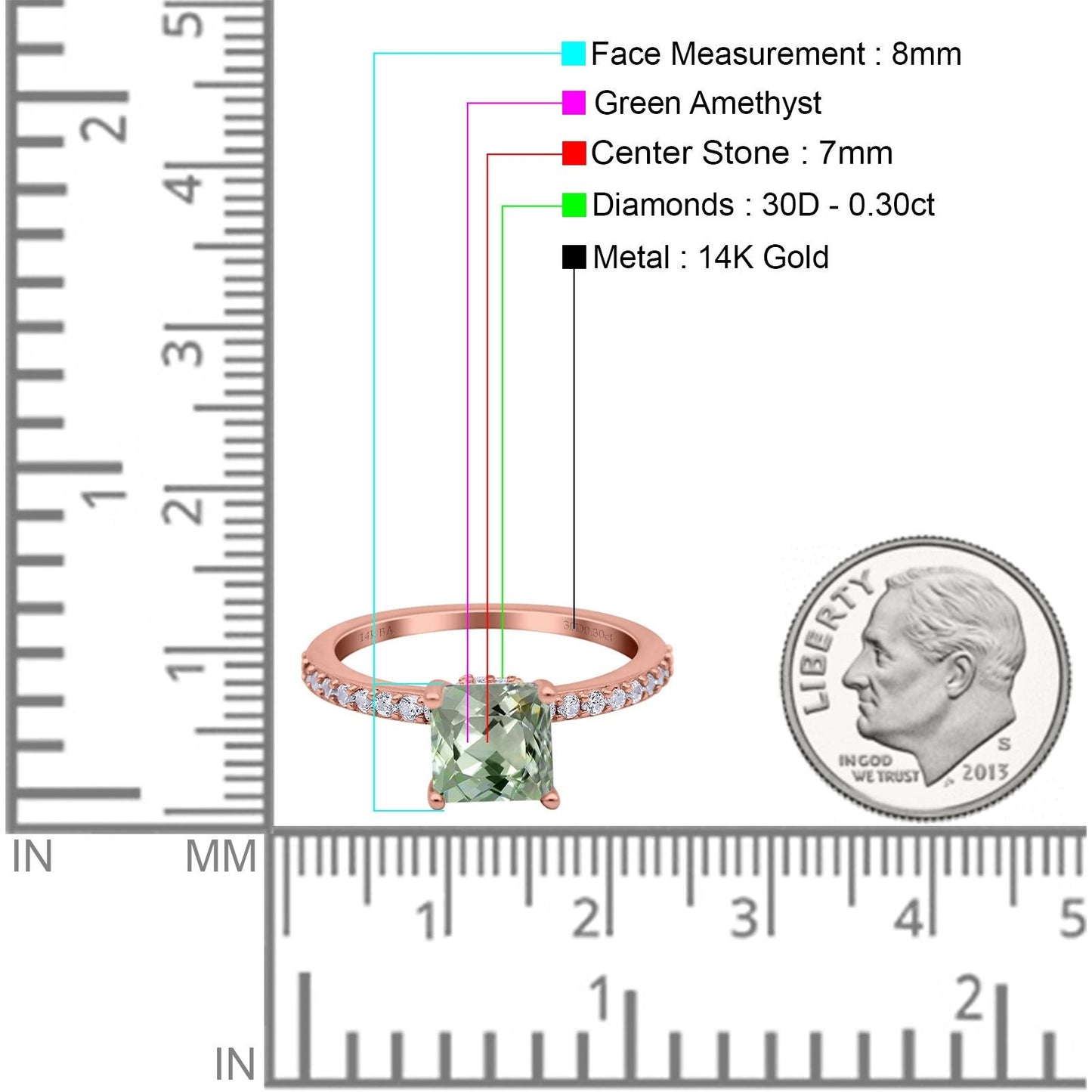 14K Rose Gold 1.55ct Cushion Cut Vintage 7mm G SI Natural Green Amethyst Diamond Engagement Wedding Ring Size 6.5