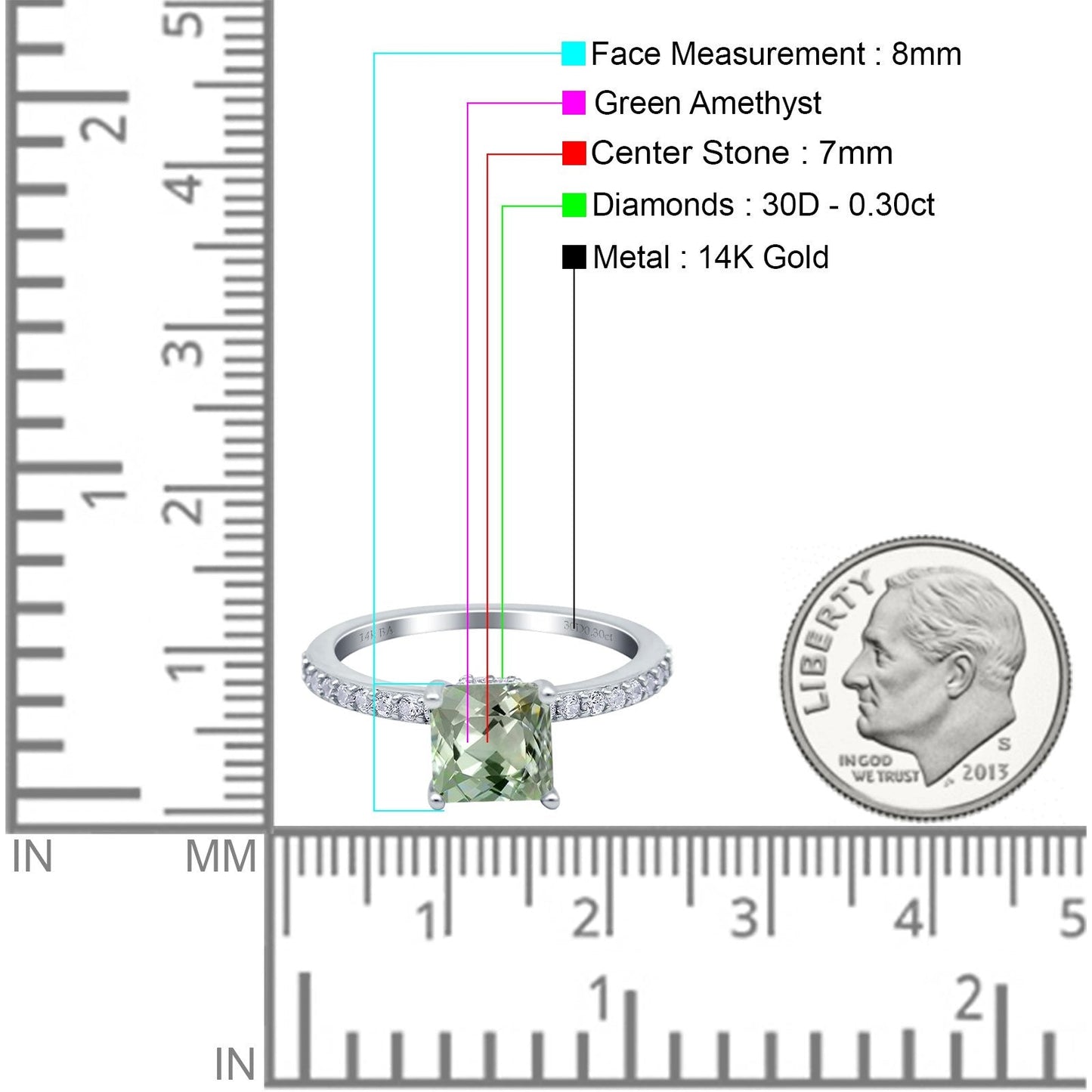 14K White Gold 1.55ct Cushion Cut Vintage 7mm G SI Natural Green Amethyst Diamond Engagement Wedding Ring Size 6.5