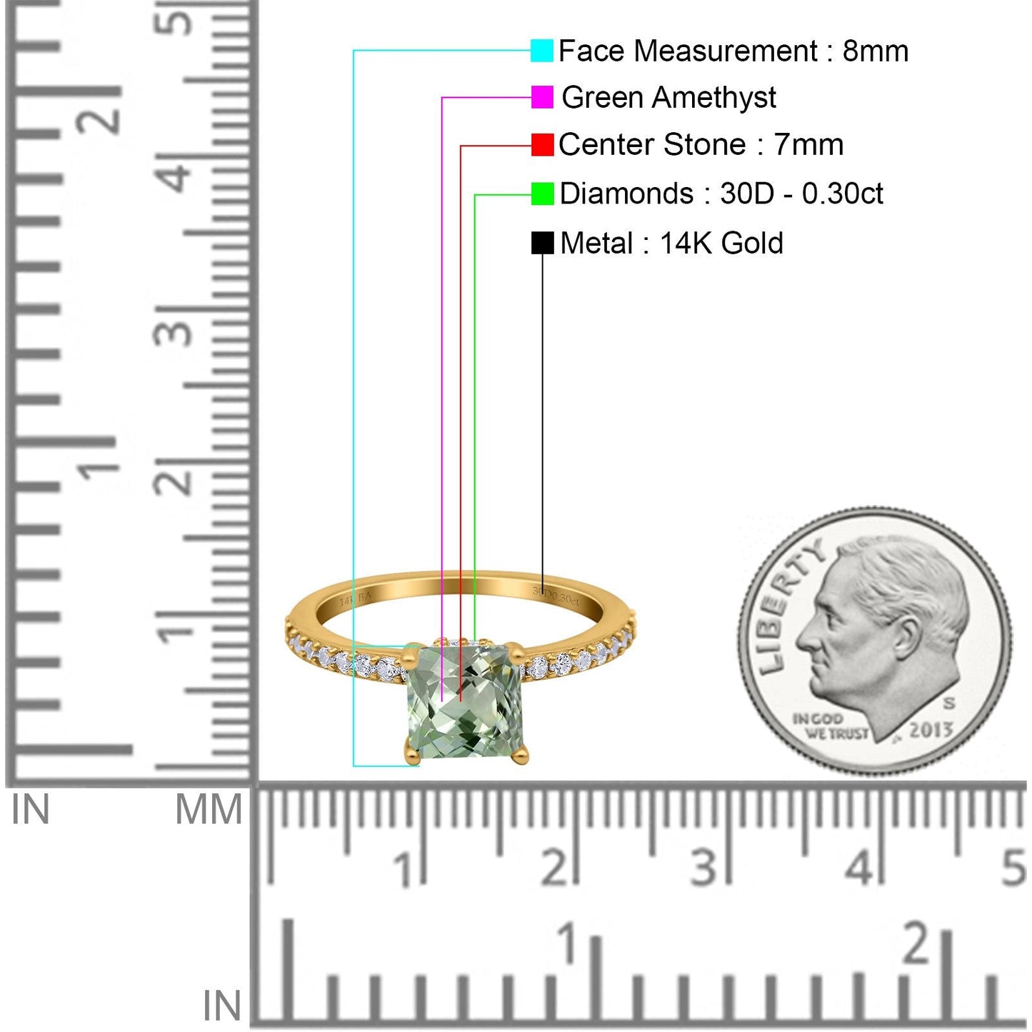 14K Yellow Gold 1.55ct Cushion Cut Vintage 7mm G SI Natural Green Amethyst Diamond Engagement Wedding Ring Size 6.5