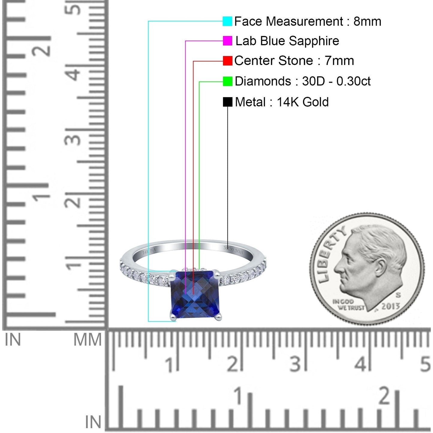 14K White Gold 1.55ct Cushion Cut Vintage 7mm G SI Nano Blue Sapphire Diamond Engagement Wedding Ring Size 6.5