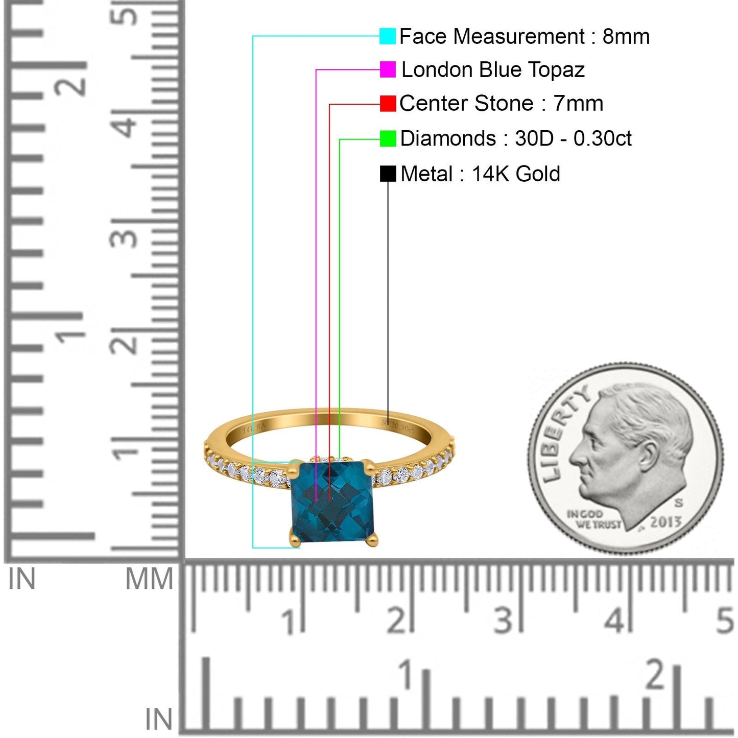 14K Yellow Gold 1.55ct Cushion Cut Vintage 7mm G SI London Blue Topaz Diamond Engagement Wedding Ring Size 6.5