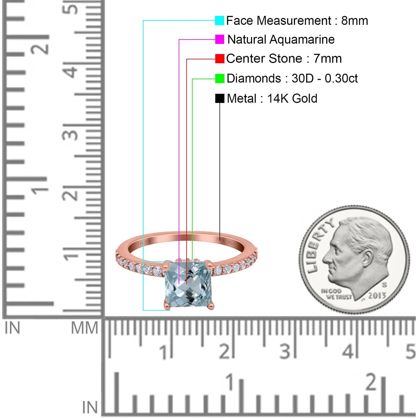 14K Rose Gold 1.55ct Cushion Cut Vintage 7mm G SI Natural Aquamarine Diamond Engagement Wedding Ring Size 6.5