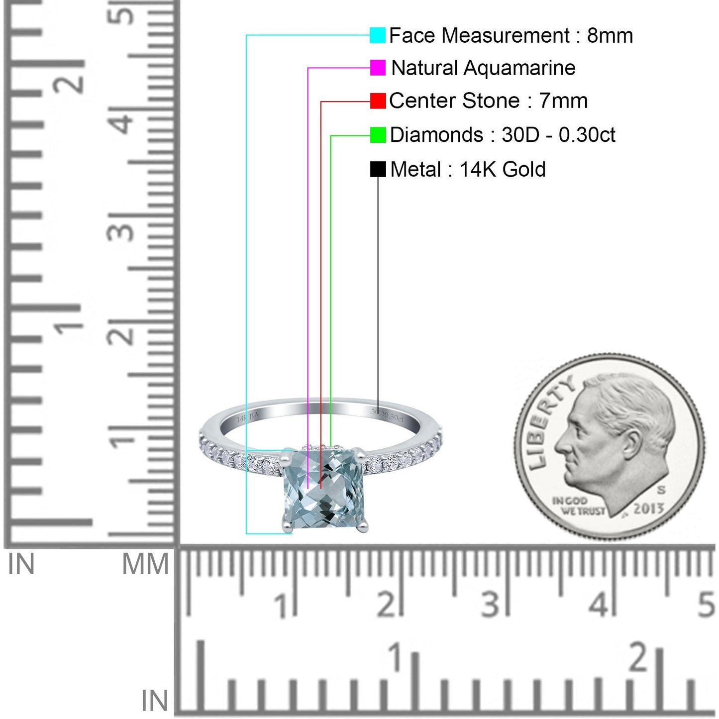 14K White Gold 1.55ct Cushion Cut Vintage 7mm G SI Natural Aquamarine Diamond Engagement Wedding Ring Size 6.5