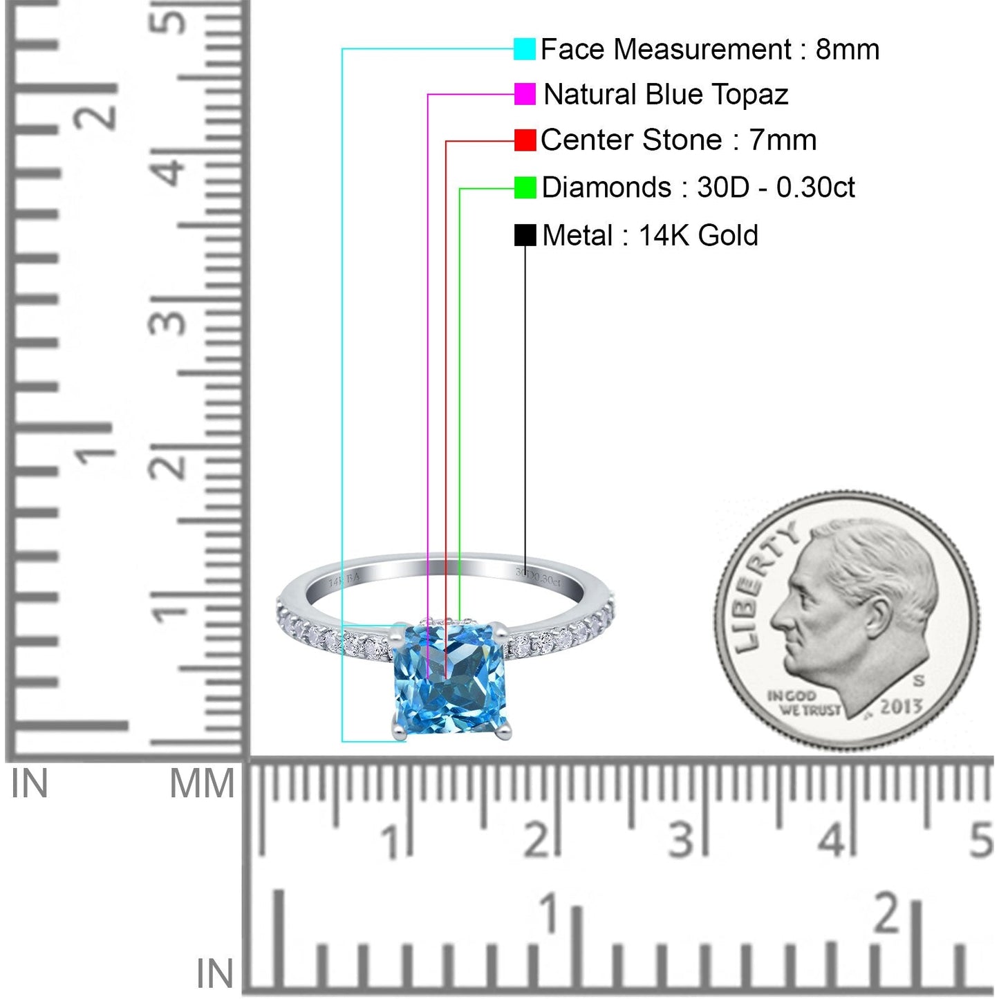 14K White Gold 1.55ct Cushion Cut Vintage 7mm G SI Natural Blue Topaz Diamond Engagement Wedding Ring Size 6.5