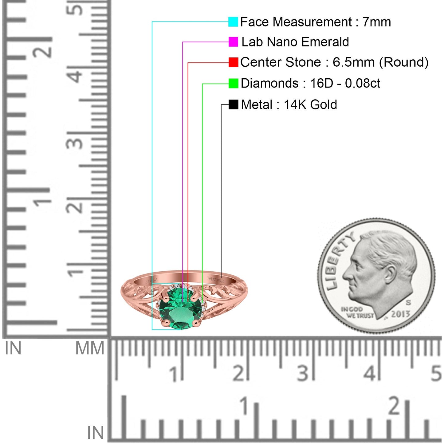 14K Rose Gold 1.11ct Round Art Deco Filigree 6.5mm G SI Nano Emerald Diamond Engagement Wedding Ring Size 6.5