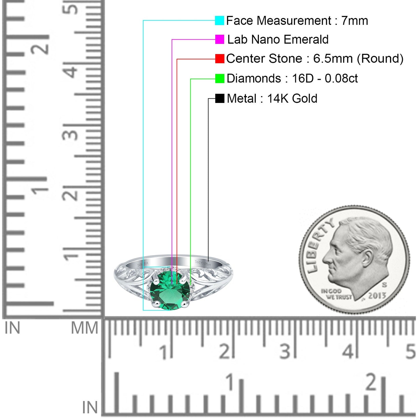 14K White Gold 1.11ct Round Art Deco Filigree 6.5mm G SI Nano Emerald Diamond Engagement Wedding Ring Size 6.5