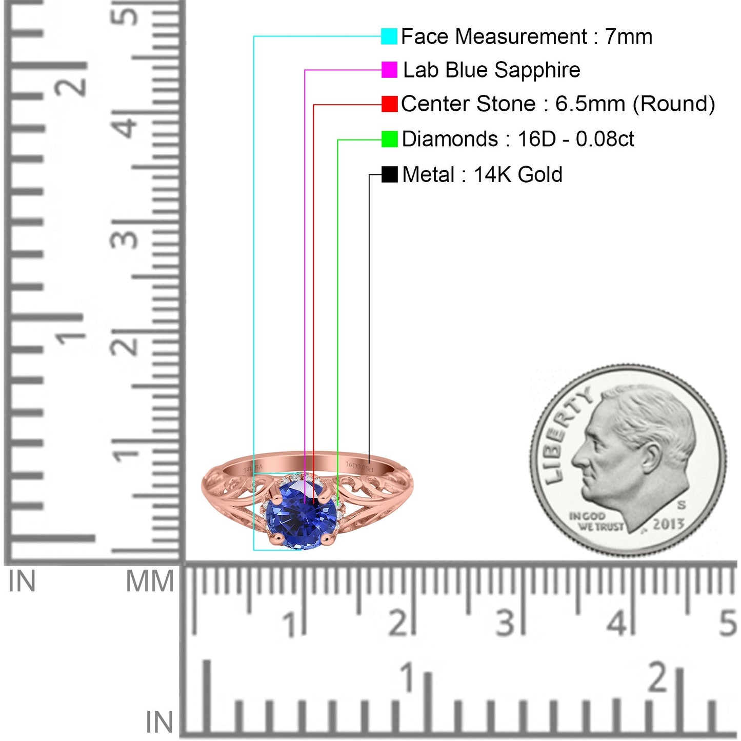 14K Rose Gold 1.11ct Round Art Deco Filigree 6.5mm G SI Nano Blue Sapphire Diamond Engagement Wedding Ring Size 6.5