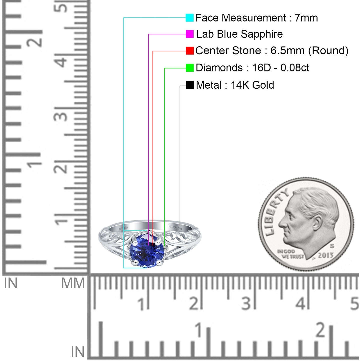 14K White Gold 1.11ct Round Art Deco Filigree 6.5mm G SI Nano Blue Sapphire Diamond Engagement Wedding Ring Size 6.5