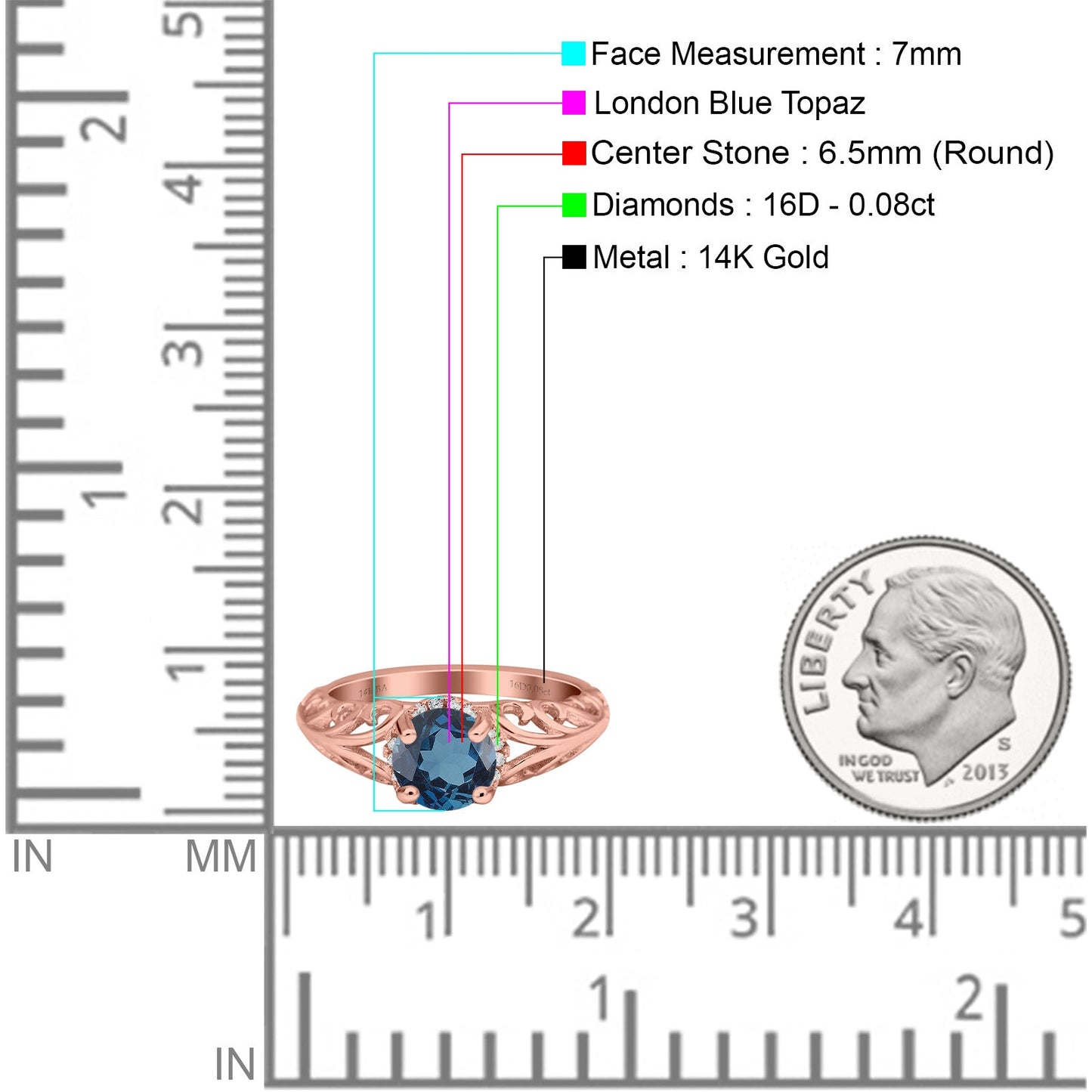 14K Rose Gold 1.11ct Round Art Deco Filigree 6.5mm G SI London Blue Topaz Diamond Engagement Wedding Ring Size 6.5