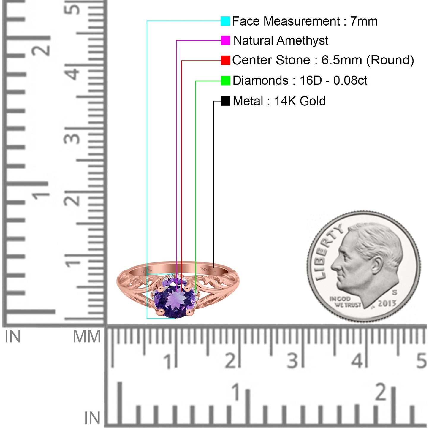 14K Rose Gold 1.11ct Round Art Deco Filigree 6.5mm G SI Natural Amethyst Diamond Engagement Wedding Ring Size 6.5