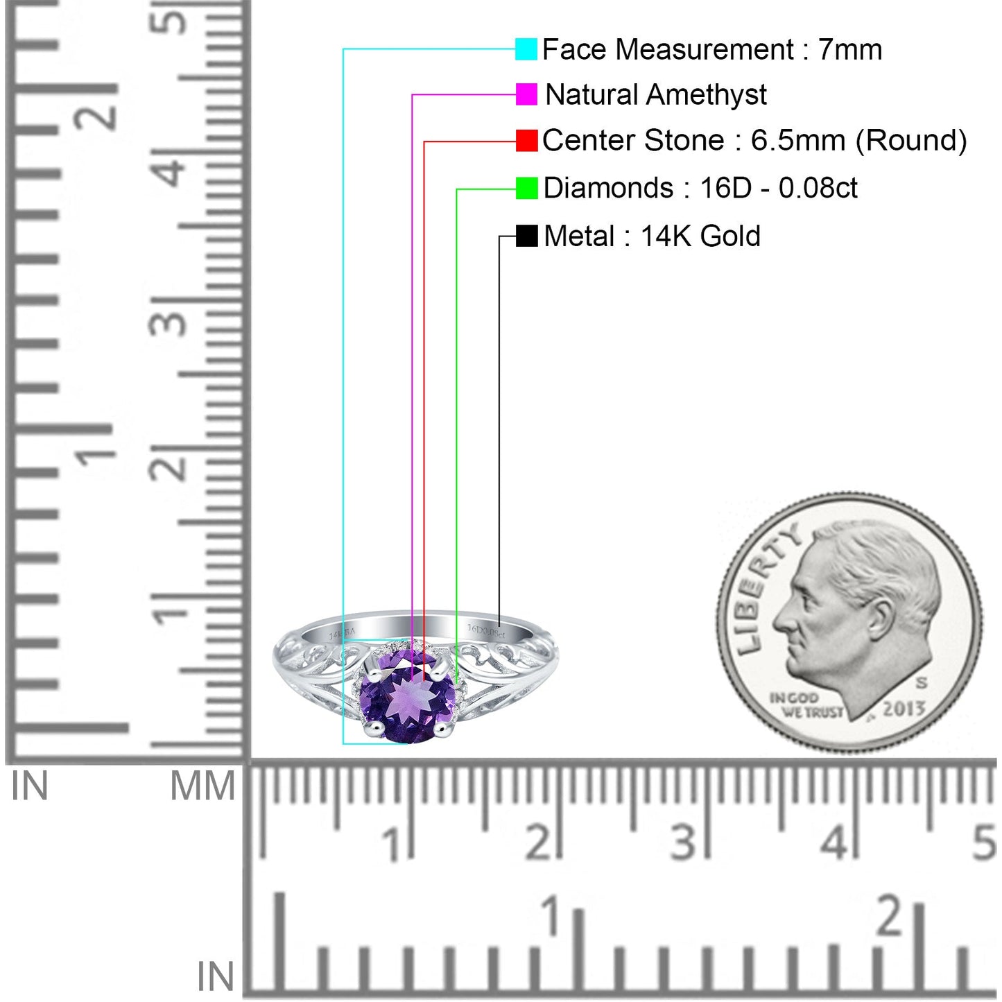 14K White Gold 1.11ct Round Art Deco Filigree 6.5mm G SI Natural Amethyst Diamond Engagement Wedding Ring Size 6.5