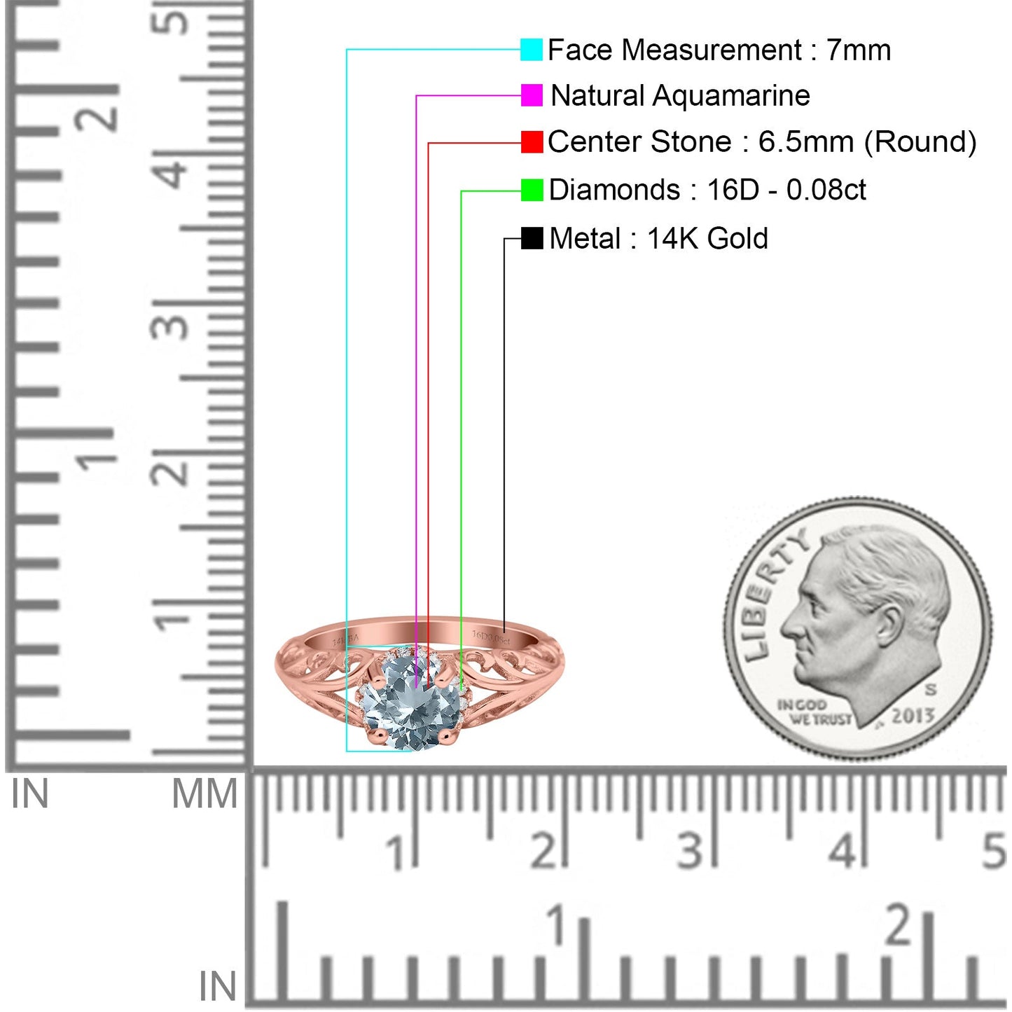 14K Rose Gold 1.11ct Round Art Deco Filigree 6.5mm G SI Natural Aquamarine Diamond Engagement Wedding Ring Size 6.5