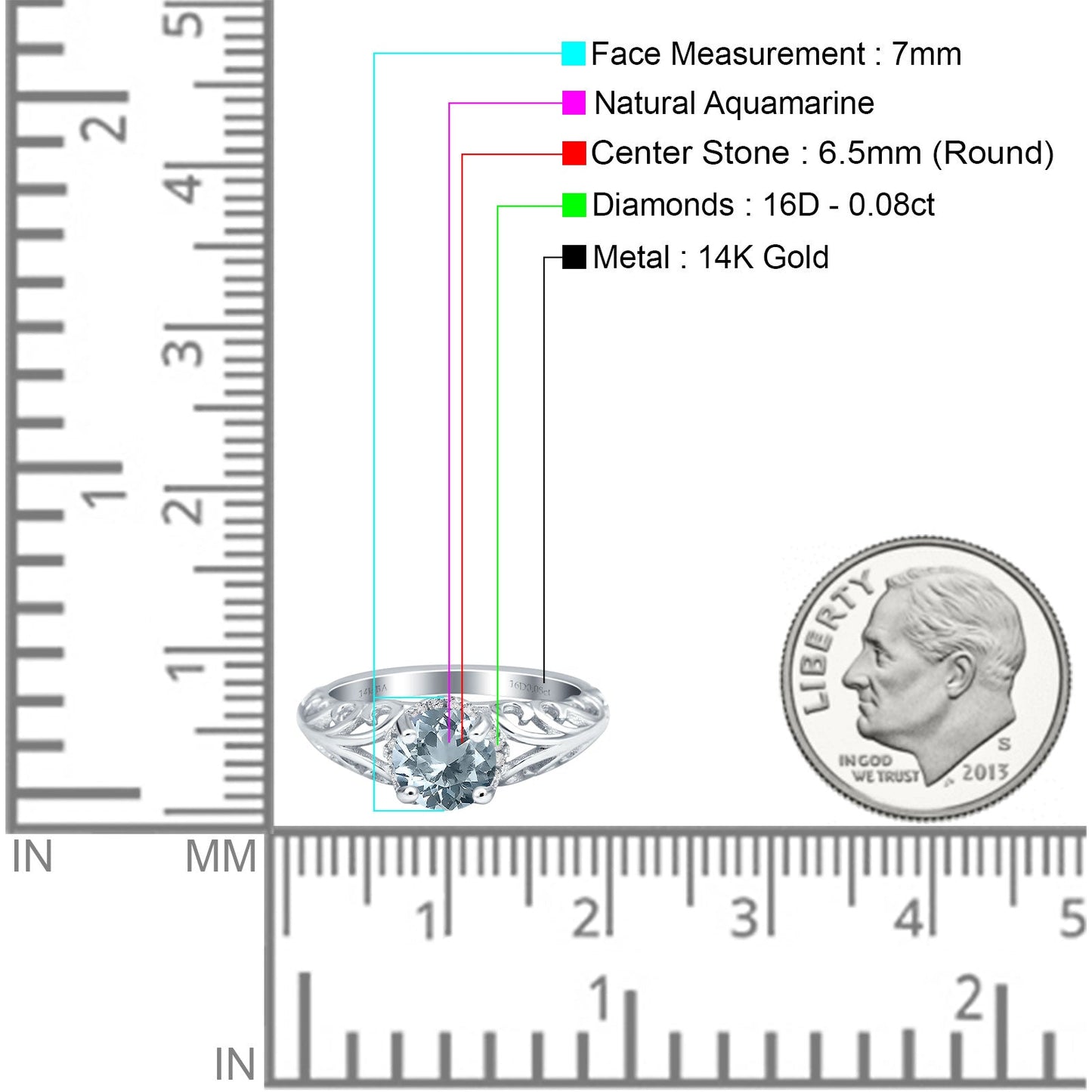 14K White Gold 1.11ct Round Art Deco Filigree 6.5mm G SI Natural Aquamarine Diamond Engagement Wedding Ring Size 6.5