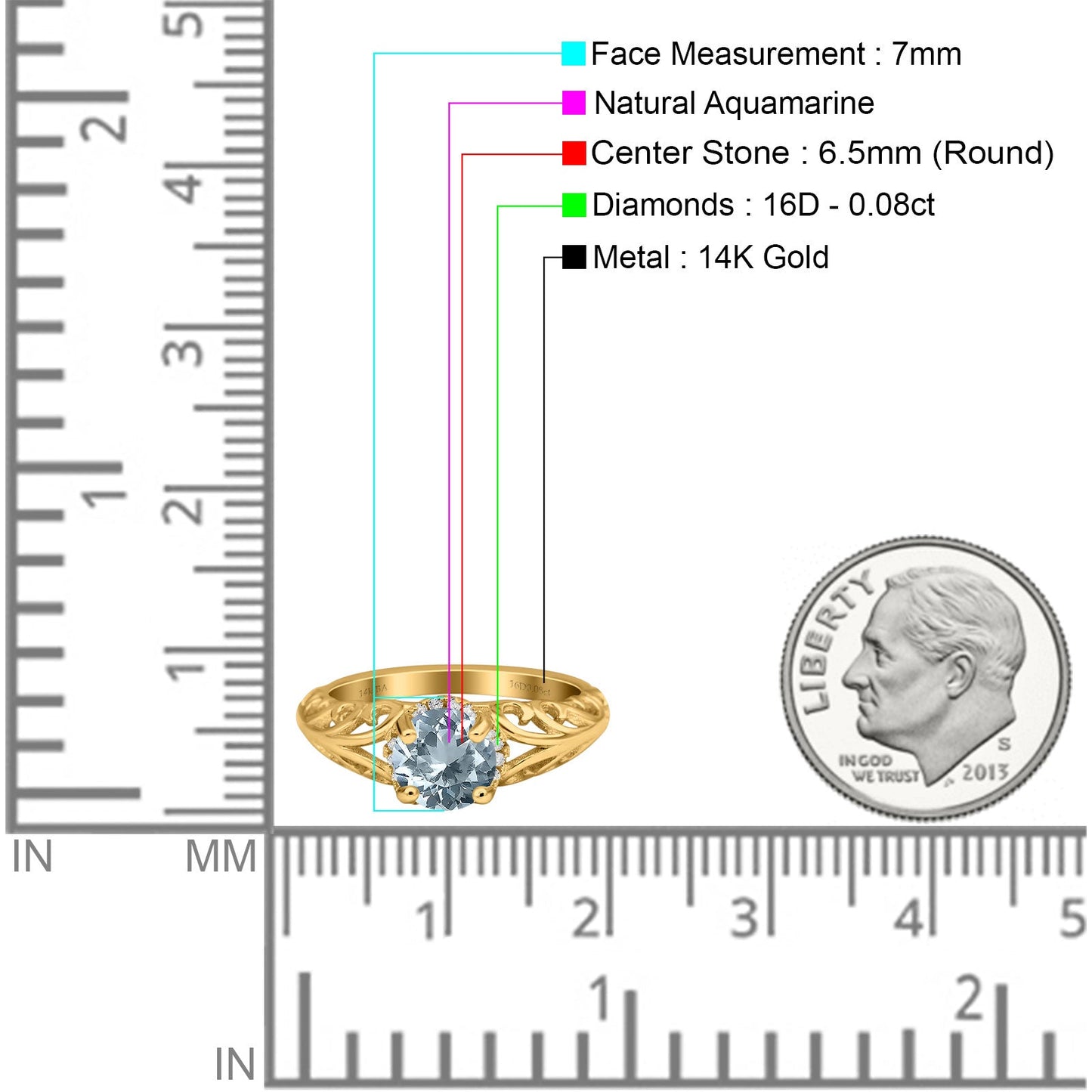 14K Yellow Gold 1.11ct Round Art Deco Filigree 6.5mm G SI Natural Aquamarine Diamond Engagement Wedding Ring Size 6.5