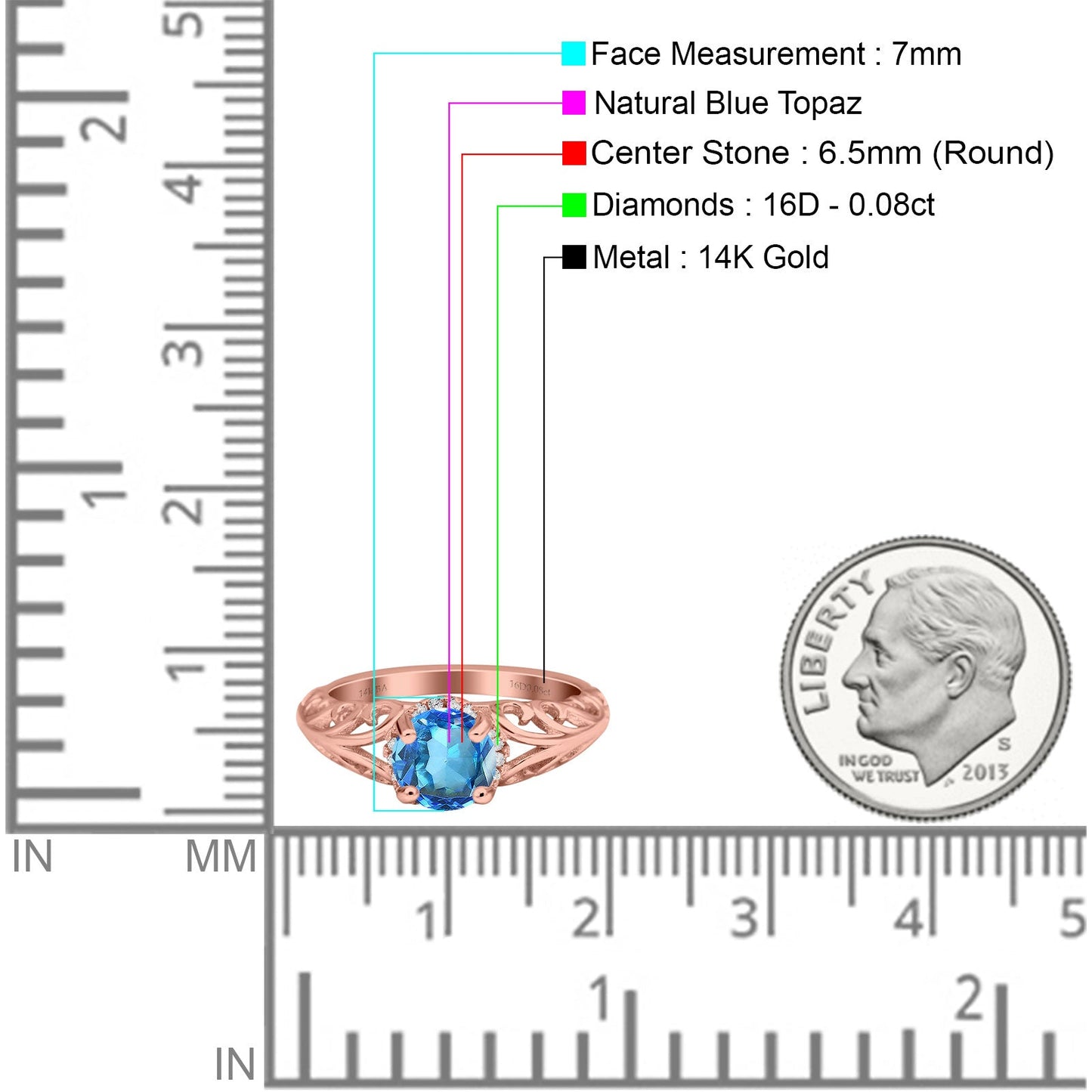 14K Rose Gold 1.11ct Round Art Deco Filigree 6.5mm G SI Natural Blue Topaz Diamond Engagement Wedding Ring Size 6.5