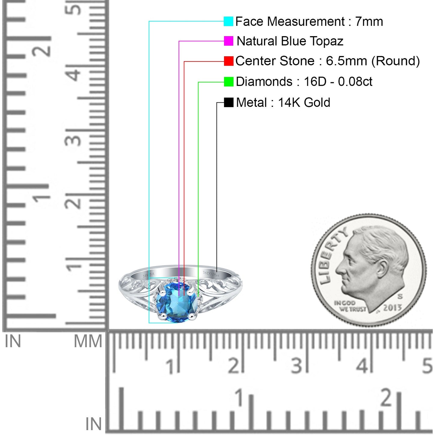 14K White Gold 1.11ct Round Art Deco Filigree 6.5mm G SI Natural Blue Topaz Diamond Engagement Wedding Ring Size 6.5