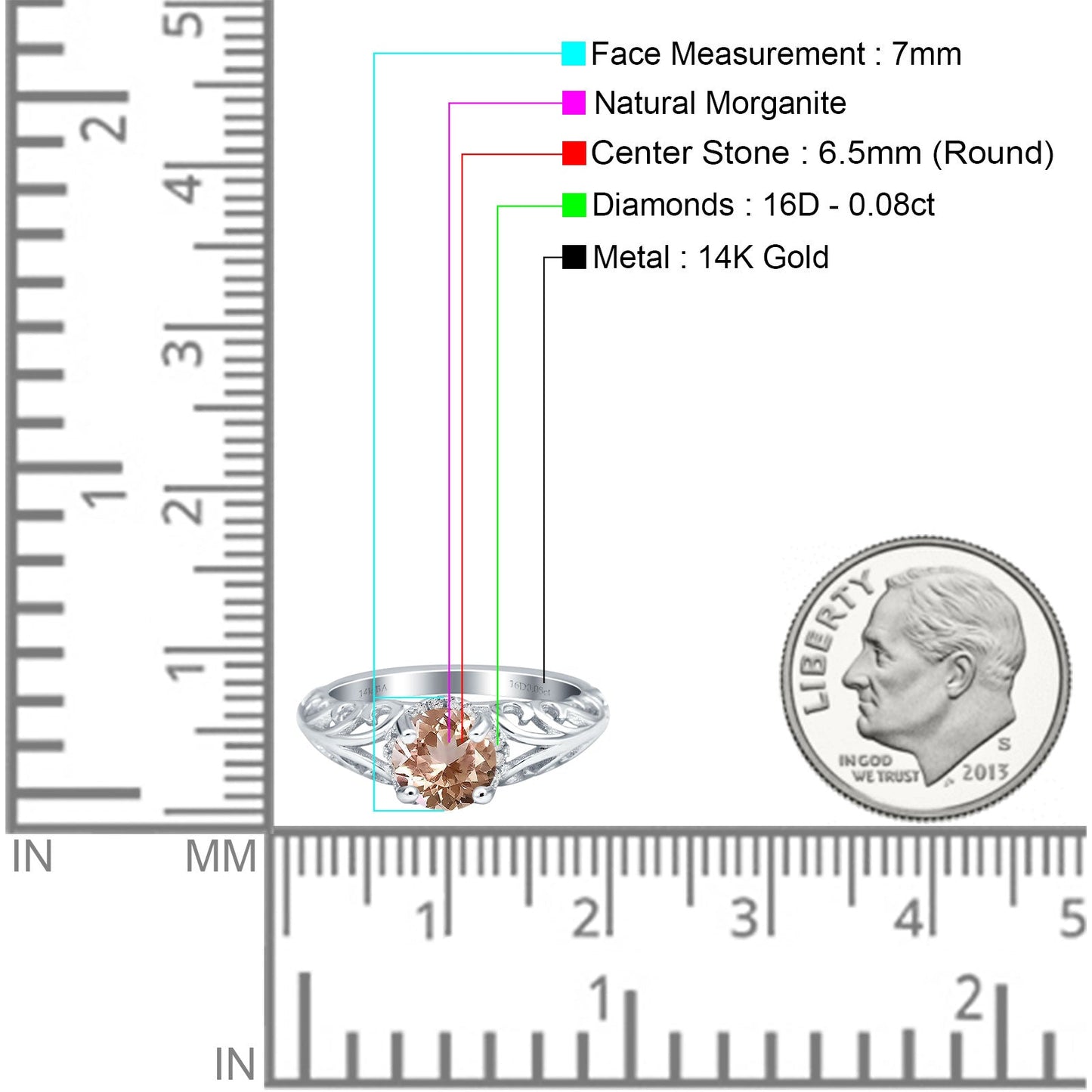 14K White Gold 1.11ct Round Art Deco Filigree 6.5mm G SI Natural Morganite Diamond Engagement Wedding Ring Size 6.5