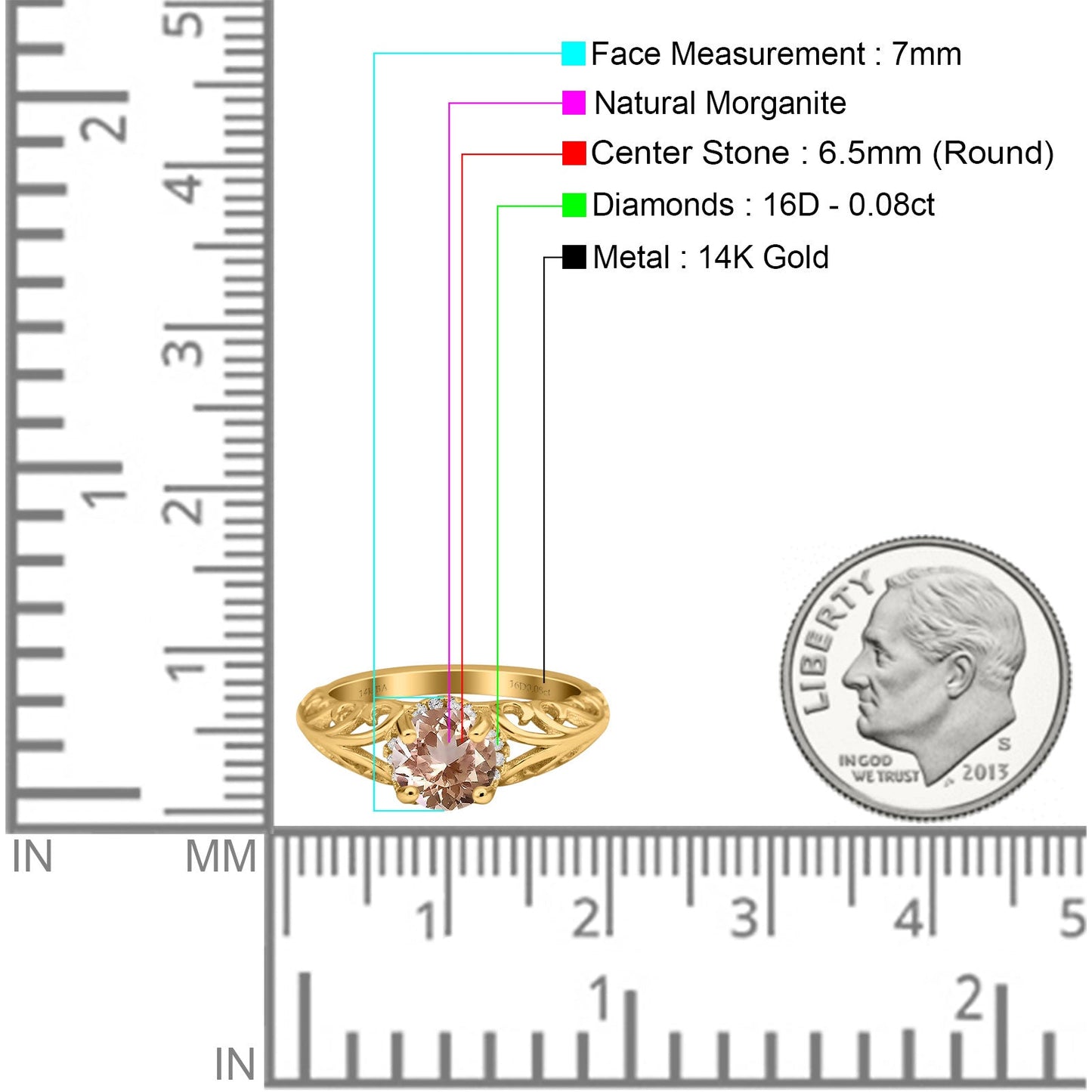 14K Yellow Gold 1.11ct Round Art Deco Filigree 6.5mm G SI Natural Morganite Diamond Engagement Wedding Ring Size 6.5