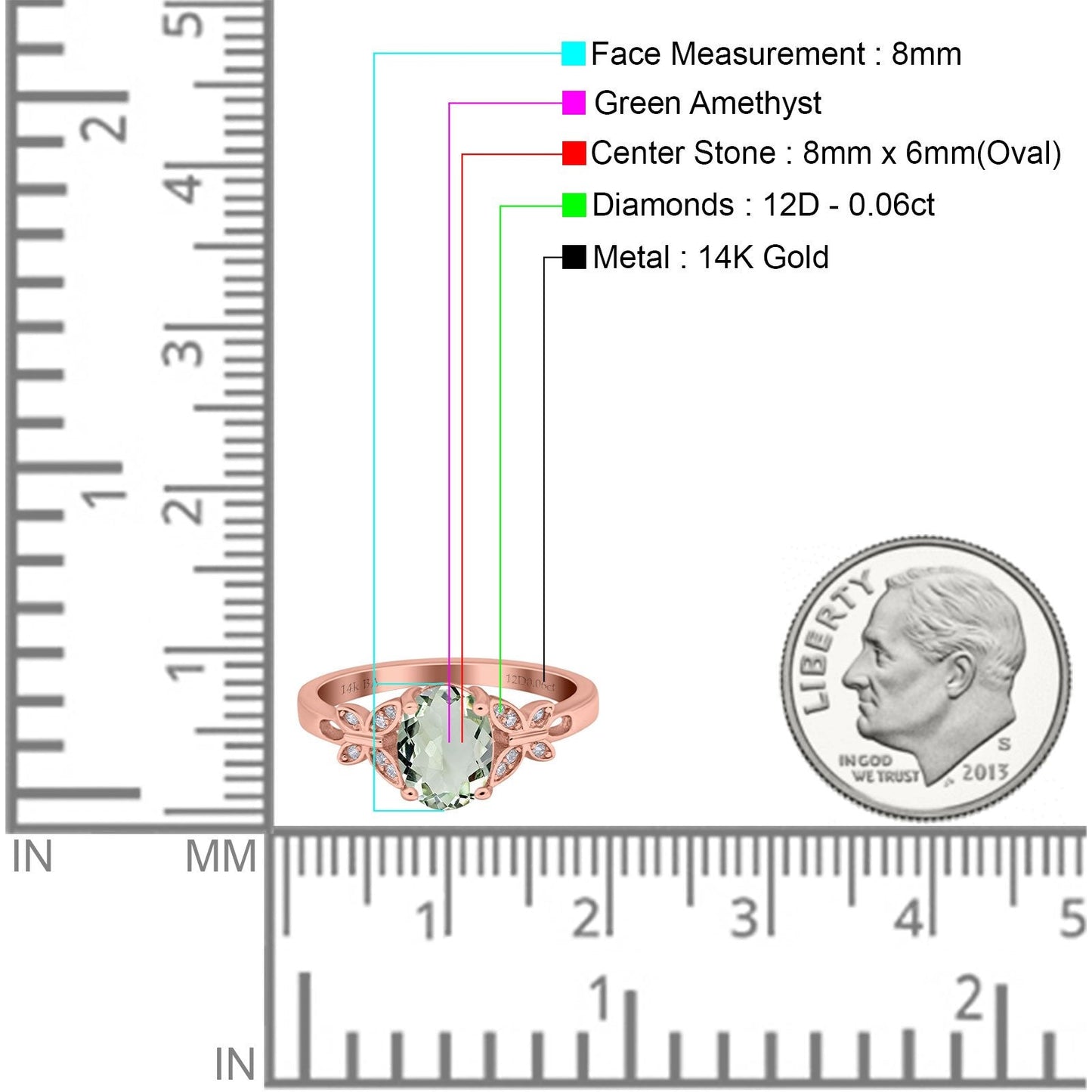 14K Rose Gold 1.27ct Oval 8mmx6mm Butterfly Accent G SI Natural Green Amethyst Diamond Engagement Wedding Ring Size 6.5