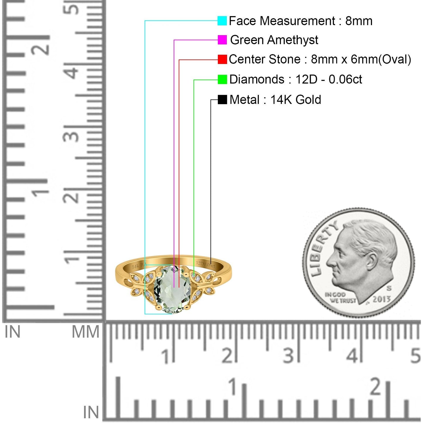 14K Yellow Gold 1.27ct Oval 8mmx6mm Butterfly Accent G SI Natural Green Amethyst Diamond Engagement Wedding Ring Size 6.5