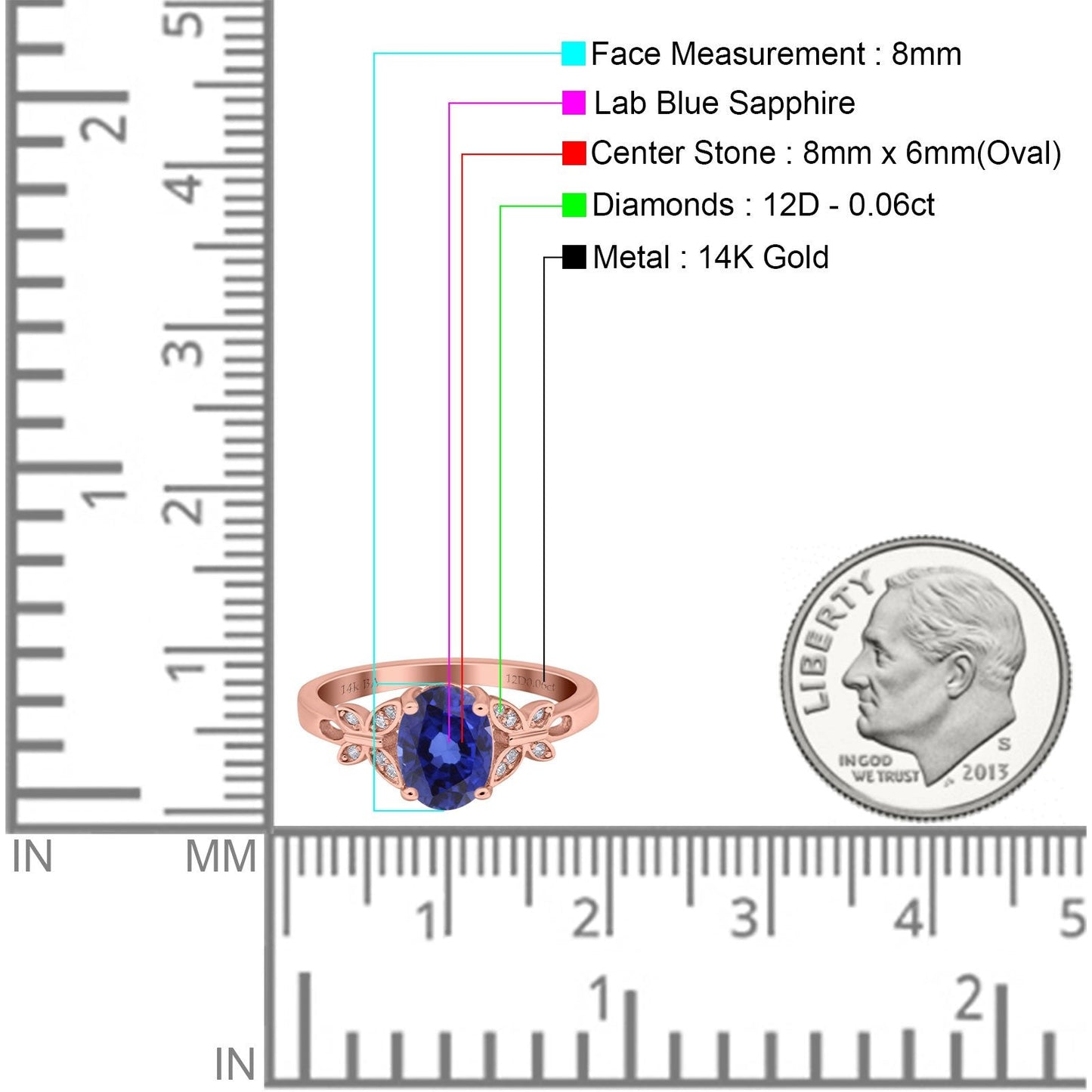 14K Rose Gold 1.27ct Oval 8mmx6mm Butterfly Accent G SI Nano Blue Sapphire Diamond Engagement Wedding Ring Size 6.5