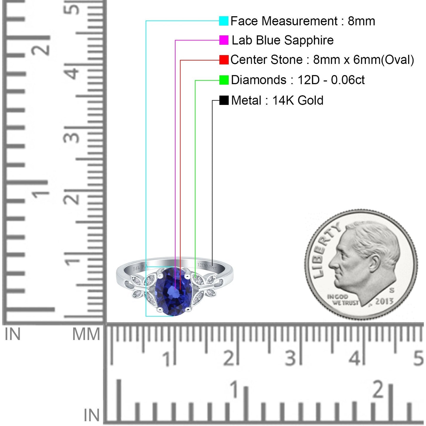 14K White Gold 1.27ct Oval 8mmx6mm Butterfly Accent G SI Nano Blue Sapphire Diamond Engagement Wedding Ring Size 6.5