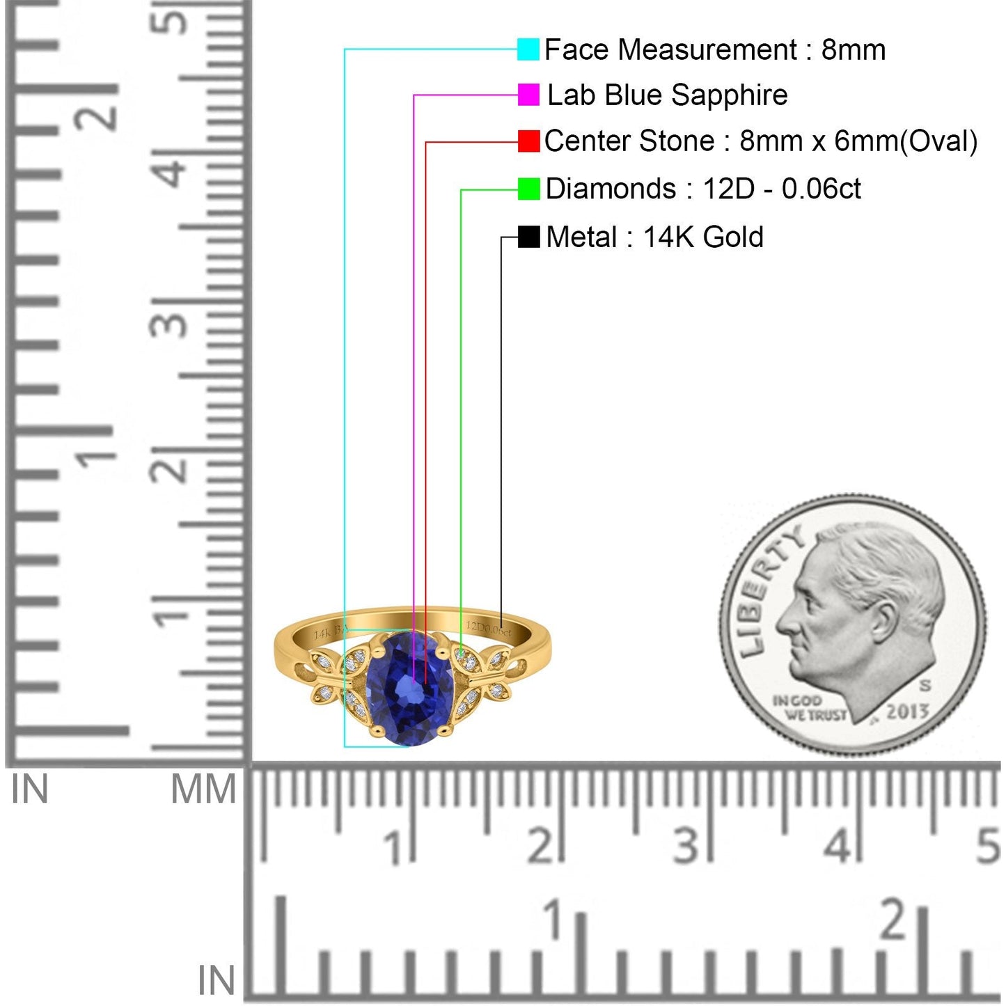 14K Yellow Gold 1.27ct Oval 8mmx6mm Butterfly Accent G SI Nano Blue Sapphire Diamond Engagement Wedding Ring Size 6.5