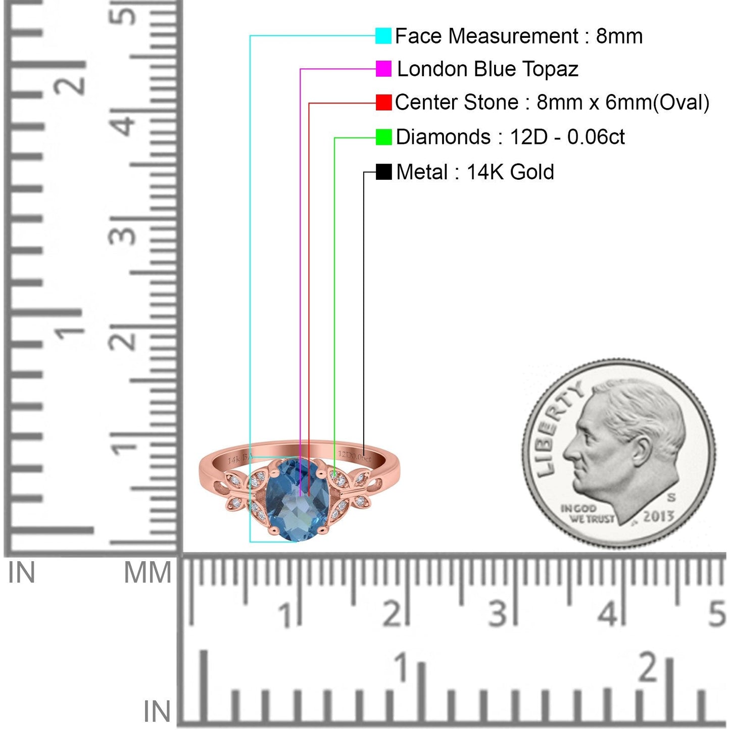 Bague de fiançailles en or rose 14 carats 1,27 ct ovale 8 mm x 6 mm avec accent papillon G SI London Blue Topaz Diamond Taille 6,5