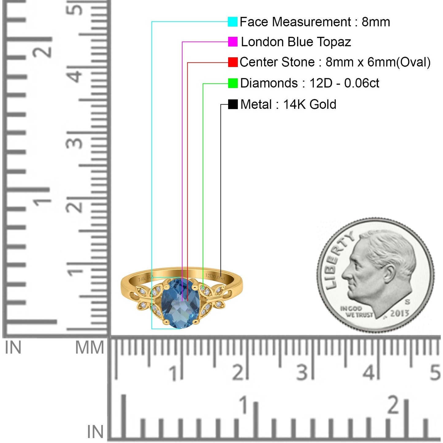 14K Yellow Gold 1.27ct Oval 8mmx6mm Butterfly Accent G SI London Blue Topaz Diamond Engagement Wedding Ring Size 6.5