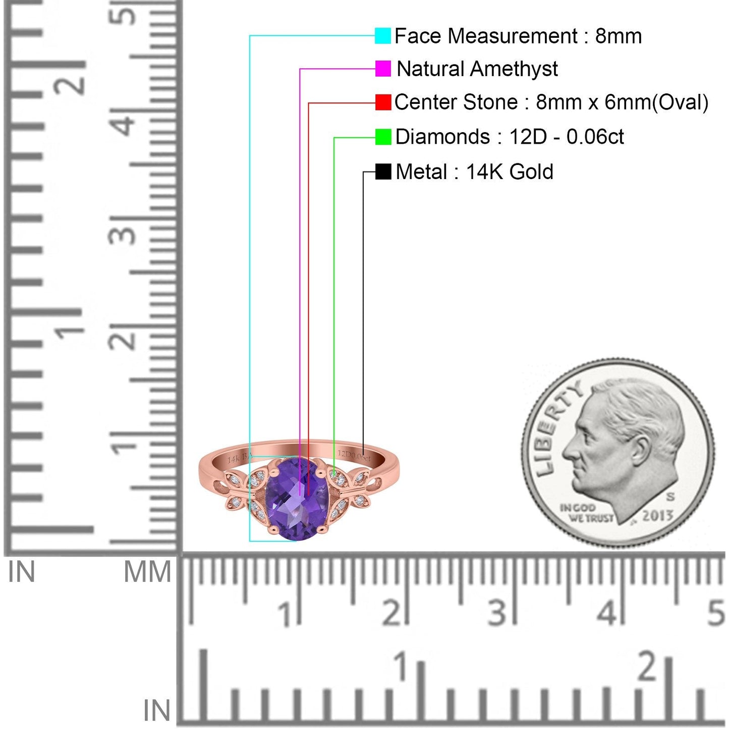 14K Rose Gold 1.27ct Oval 8mmx6mm Butterfly Accent G SI Natural Amethyst Diamond Engagement Wedding Ring Size 6.5