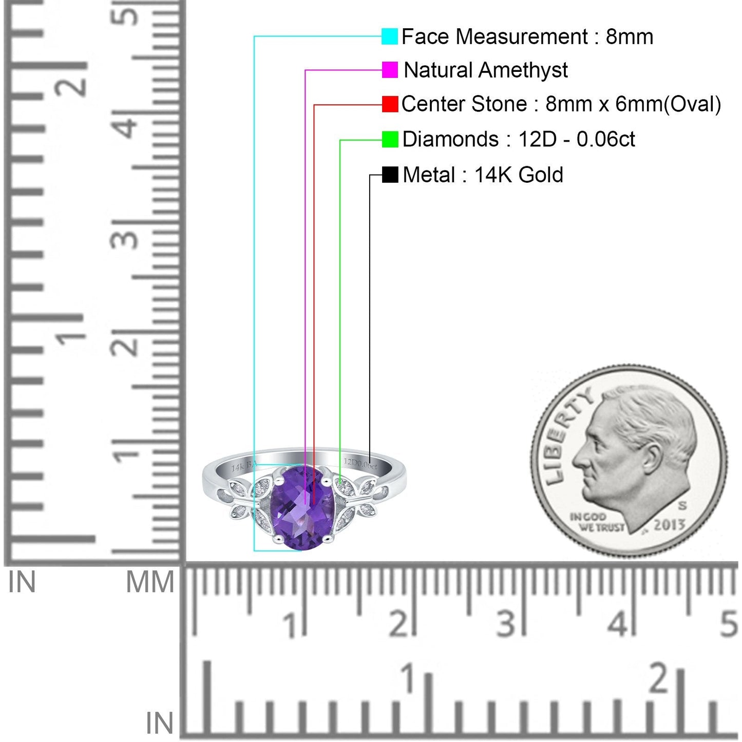 14K White Gold 1.27ct Oval 8mmx6mm Butterfly Accent G SI Natural Amethyst Diamond Engagement Wedding Ring Size 6.5