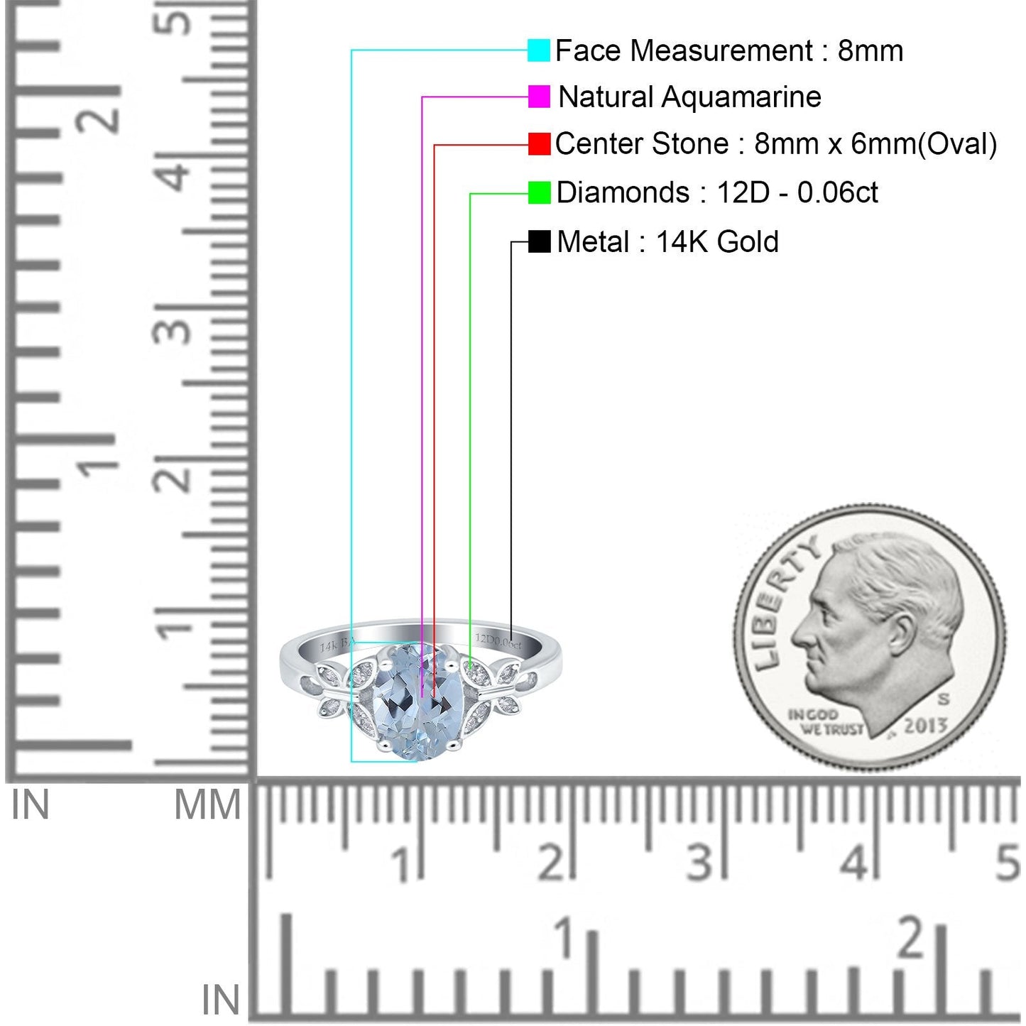 14K White Gold 1.27ct Oval 8mmx6mm Butterfly Accent G SI Natural Aquamarine Diamond Engagement Wedding Ring Size 6.5