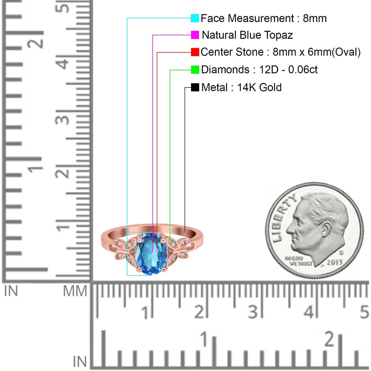 14K Rose Gold 1.27ct Oval 8mmx6mm Butterfly Accent G SI Natural Blue Topaz Diamond Engagement Wedding Ring Size 6.5