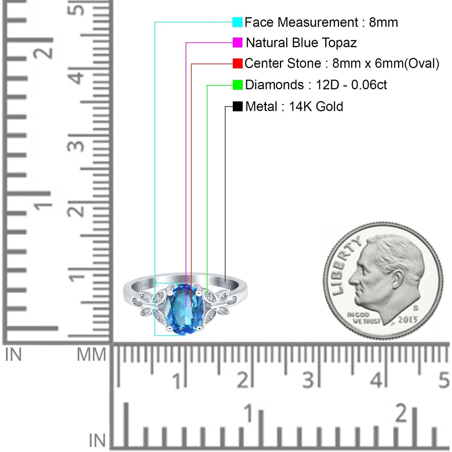 14K White Gold 1.27ct Oval 8mmx6mm Butterfly Accent G SI Natural Blue Topaz Diamond Engagement Wedding Ring Size 6.5