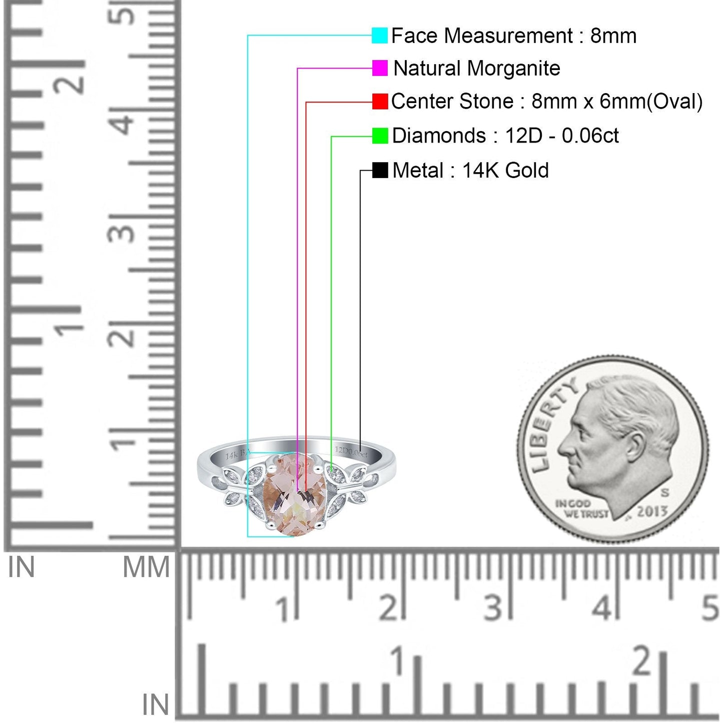 14K White Gold 1.27ct Oval 8mmx6mm Butterfly Accent G SI Natural Morganite Diamond Engagement Wedding Ring Size 6.5