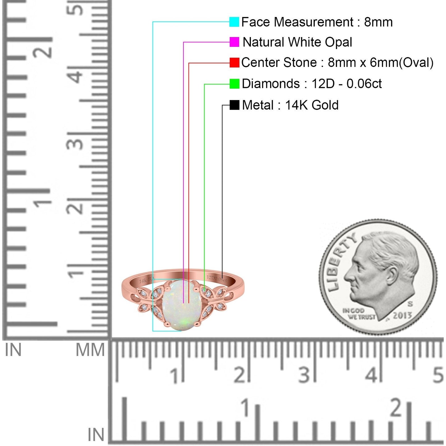 14K Rose Gold 0.06ct Oval 8mmx6mm Butterfly Accent G SI Natural White Opal Diamond Engagement Wedding Ring Size 6.5