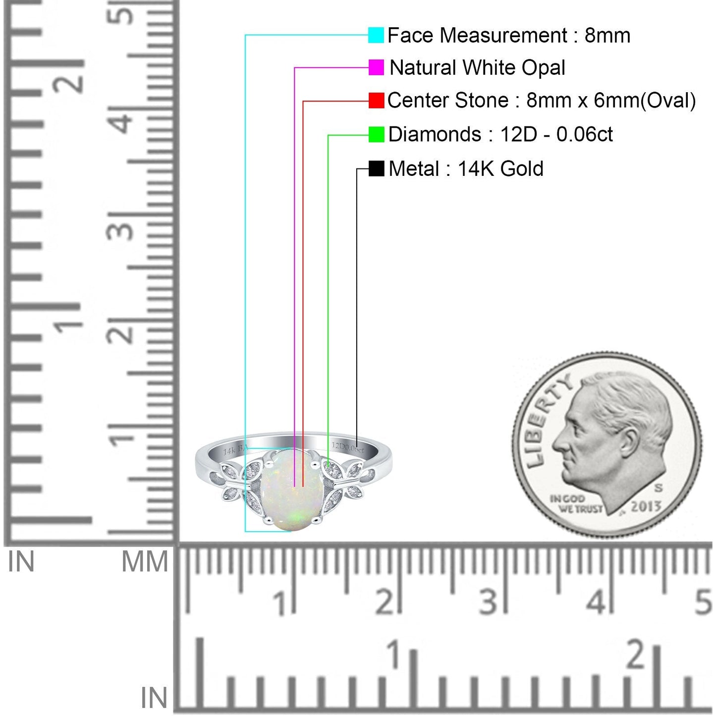 14K White Gold 0.06ct Oval 8mmx6mm Butterfly Accent G SI Natural White Opal Diamond Engagement Wedding Ring Size 6.5