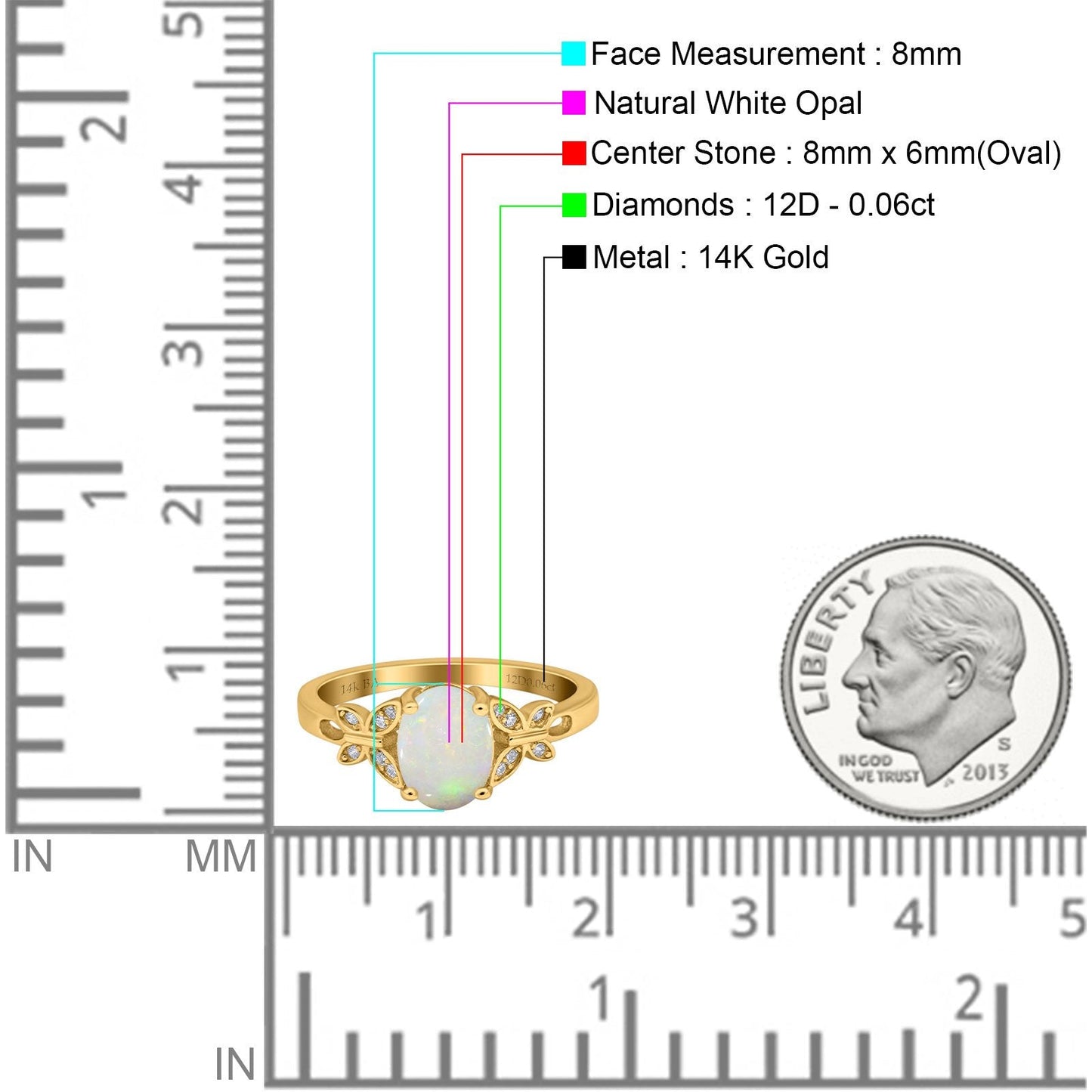 14K Yellow Gold 0.06ct Oval 8mmx6mm Butterfly Accent G SI Natural White Opal Diamond Engagement Wedding Ring Size 6.5