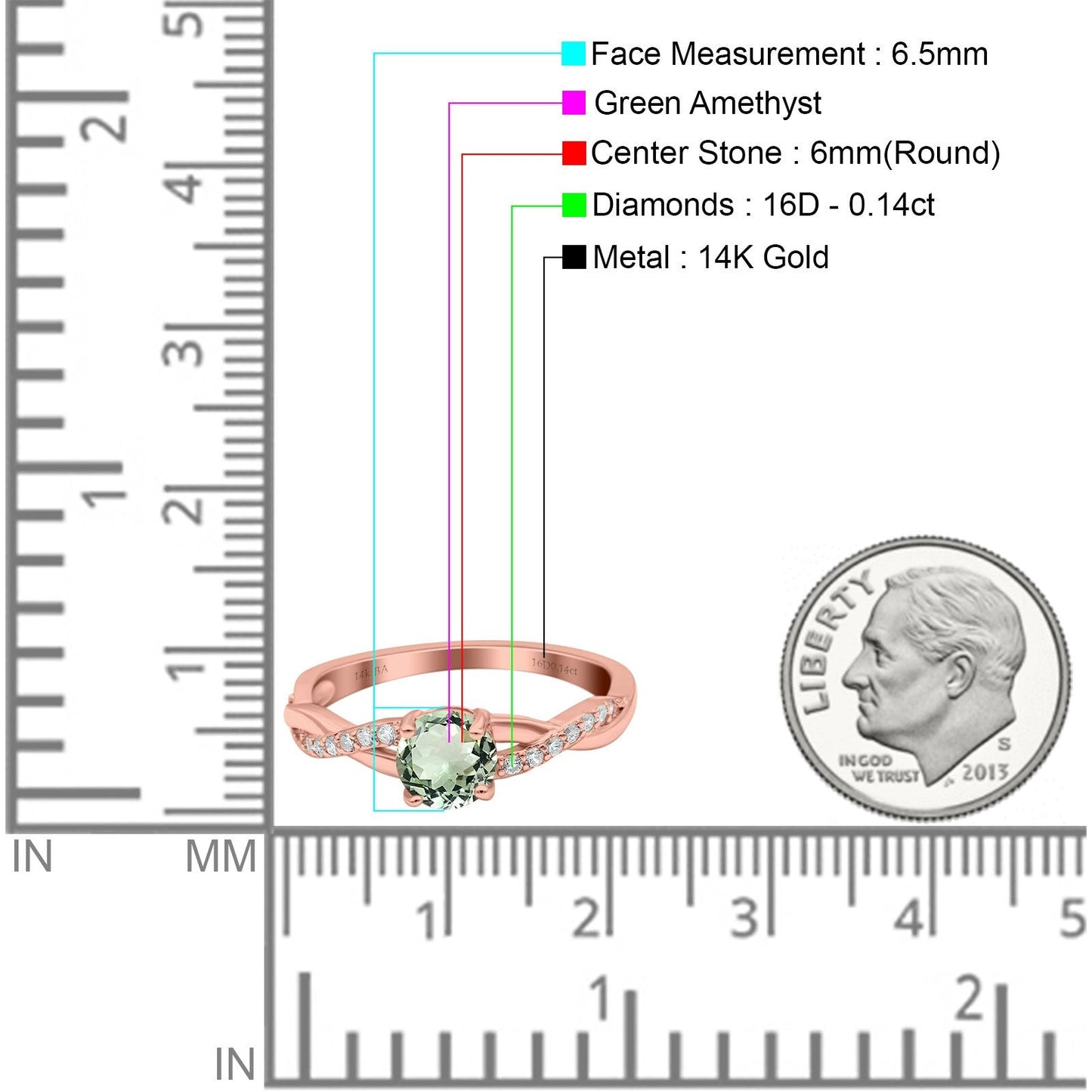 14K Rose Gold 0.98ct Round Art Deco 6mm G SI Natural Green Amethyst Diamond Engagement Wedding Ring Size 6.5