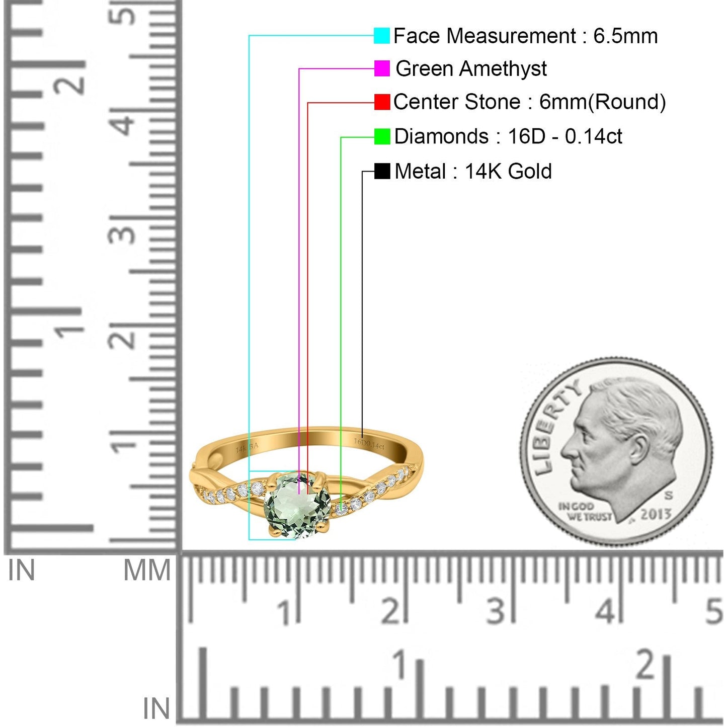 14K Yellow Gold 0.98ct Round Art Deco 6mm G SI Natural Green Amethyst Diamond Engagement Wedding Ring Size 6.5