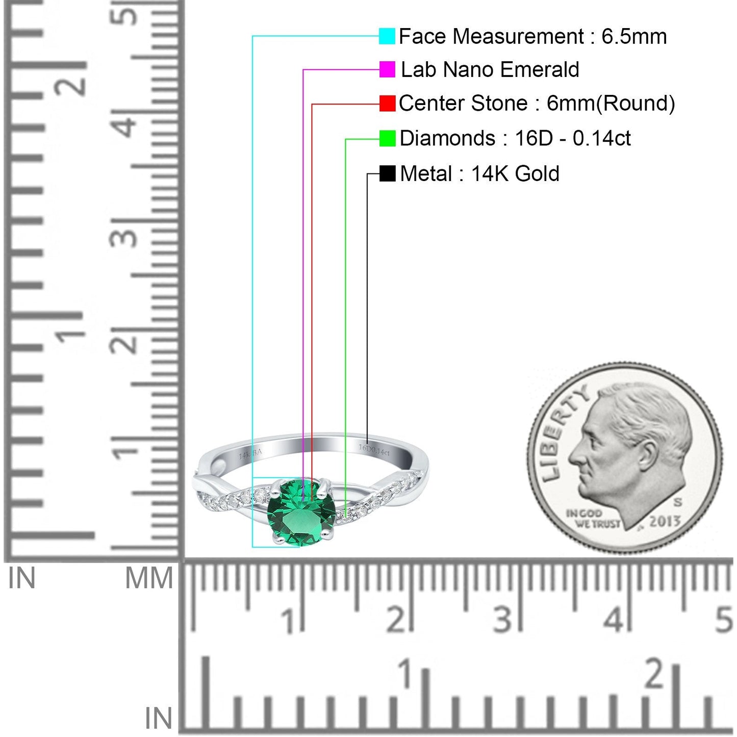 14K White Gold 0.98ct Round Art Deco 6mm G SI Nano Emerald Diamond Engagement Wedding Ring Size 6.5