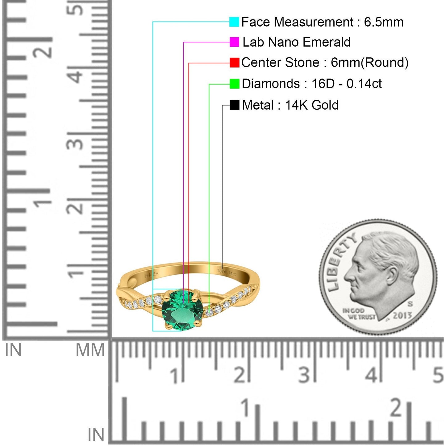 14K Yellow Gold 0.98ct Round Art Deco 6mm G SI Nano Emerald Diamond Engagement Wedding Ring Size 6.5