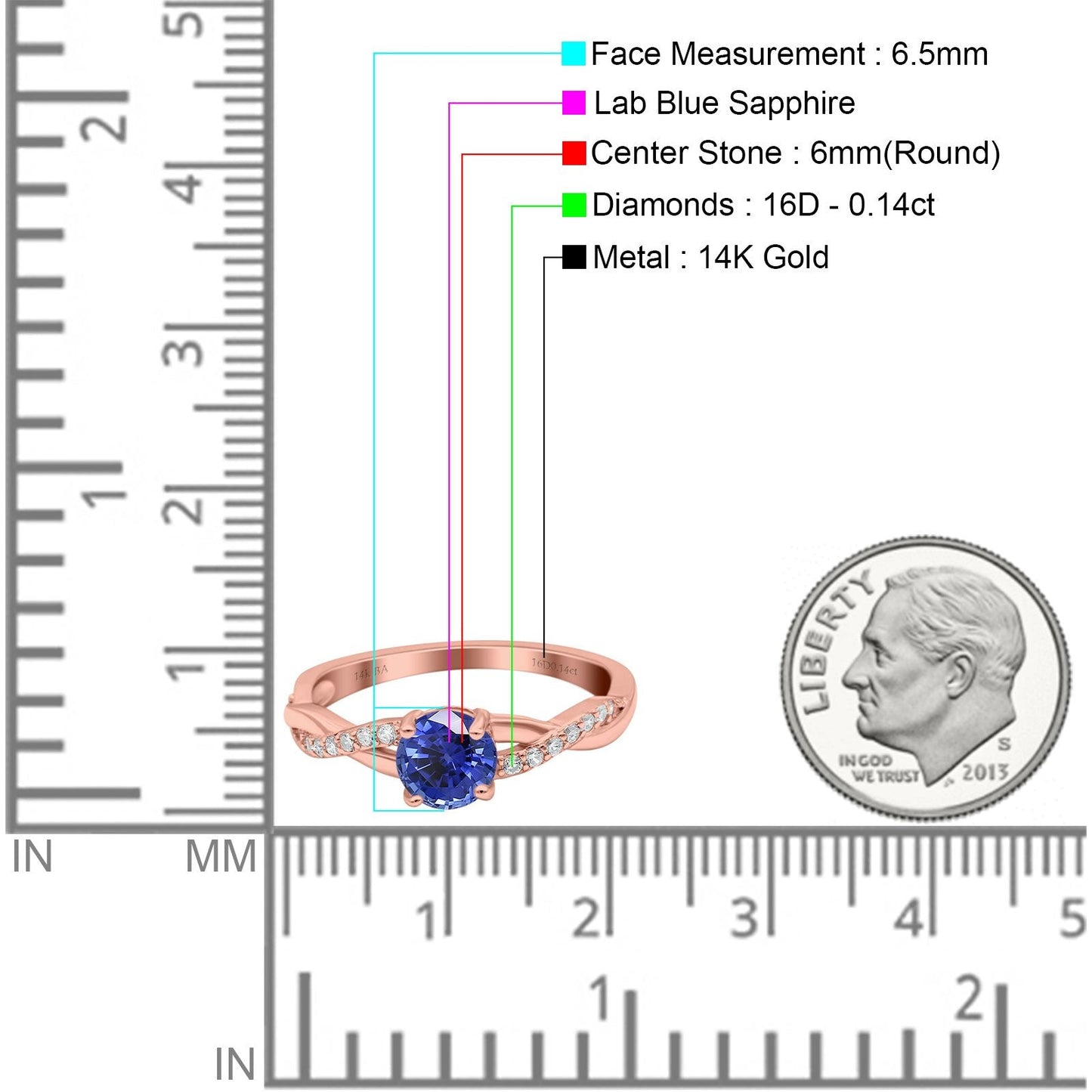 14K Rose Gold 0.98ct Round Art Deco 6mm G SI Nano Blue Sapphire Diamond Engagement Wedding Ring Size 6.5