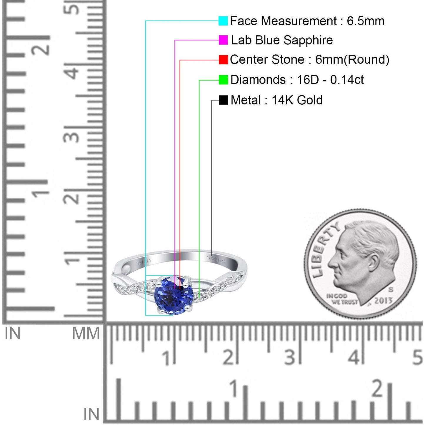 14K White Gold 0.98ct Round Art Deco 6mm G SI Nano Blue Sapphire Diamond Engagement Wedding Ring Size 6.5