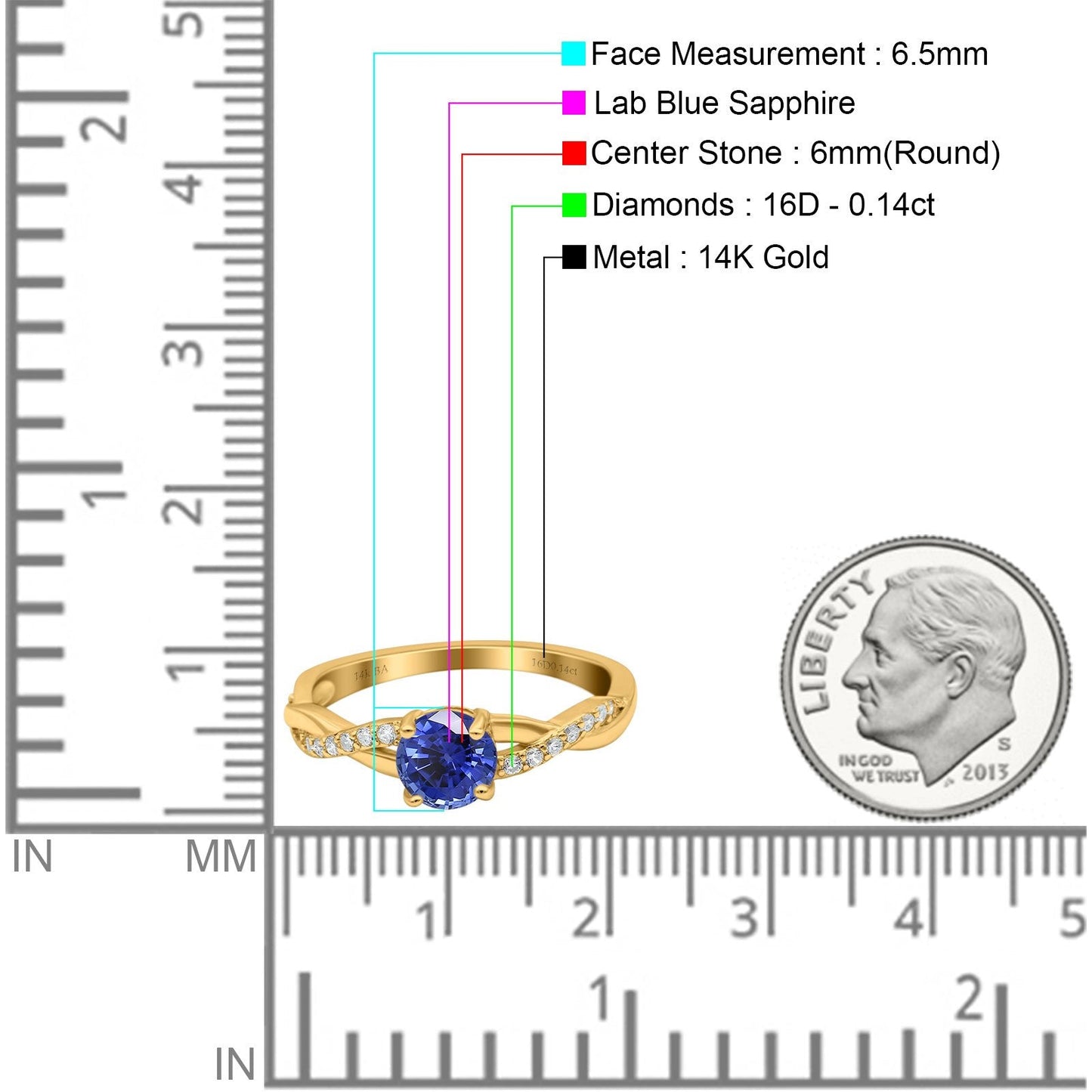 14K Yellow Gold 0.98ct Round Art Deco 6mm G SI Nano Blue Sapphire Diamond Engagement Wedding Ring Size 6.5