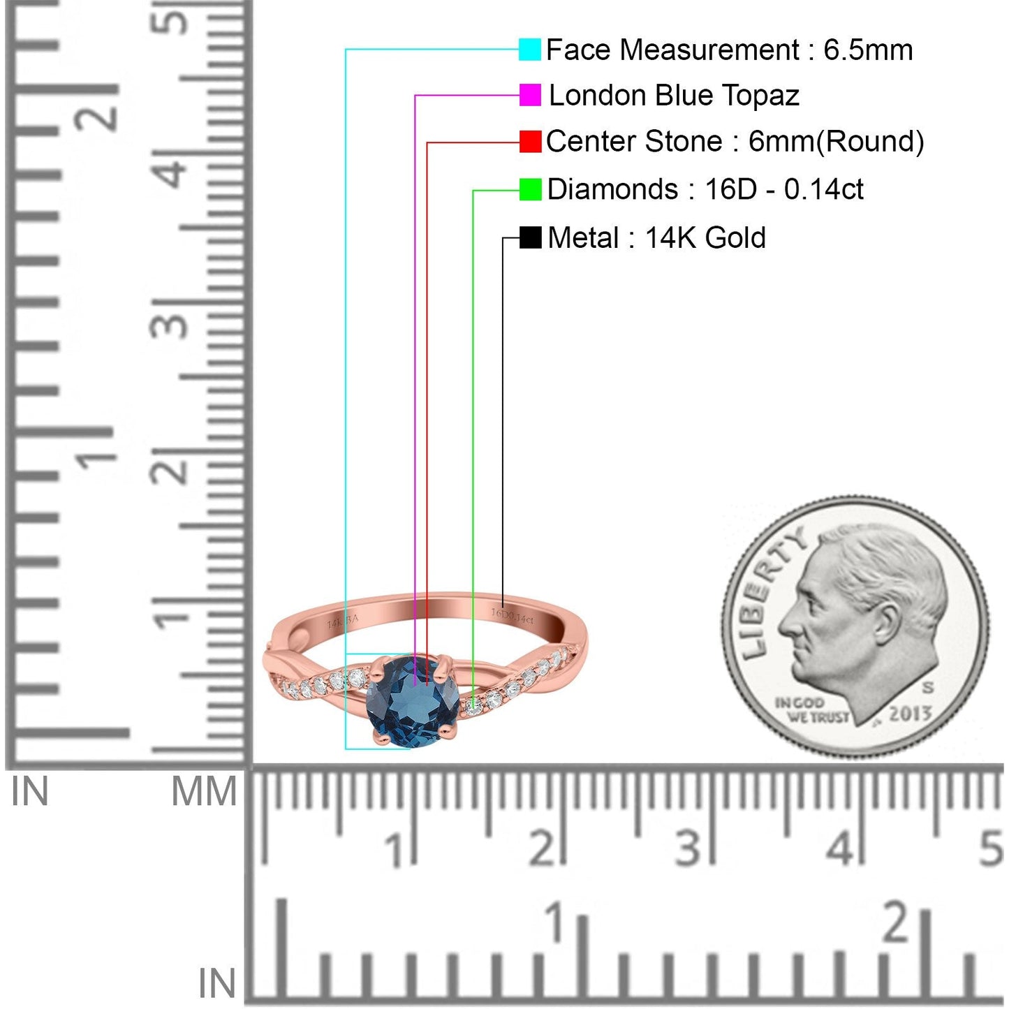 14K Rose Gold 0.98ct Round Art Deco 6mm G SI London Blue Topaz Diamond Engagement Wedding Ring Size 6.5