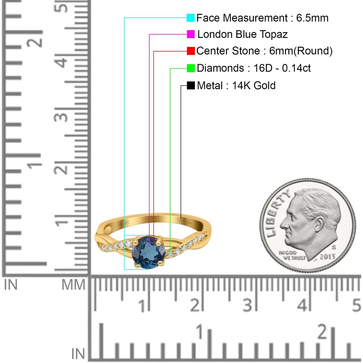 14K Yellow Gold 0.98ct Round Art Deco 6mm G SI London Blue Topaz Diamond Engagement Wedding Ring Size 6.5