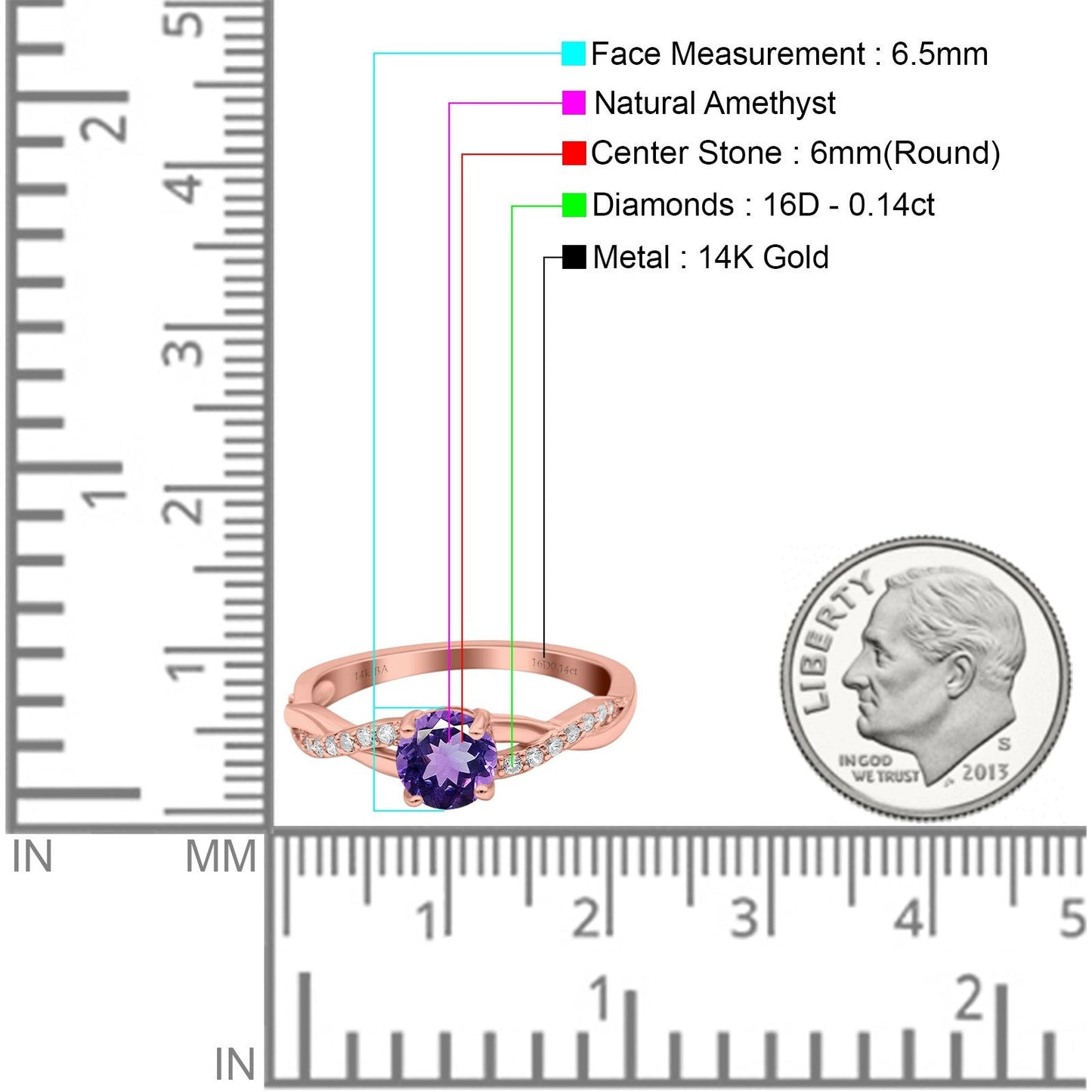 14K Rose Gold 0.98ct Round Art Deco 6mm G SI Natural Amethyst Diamond Engagement Wedding Ring Size 6.5