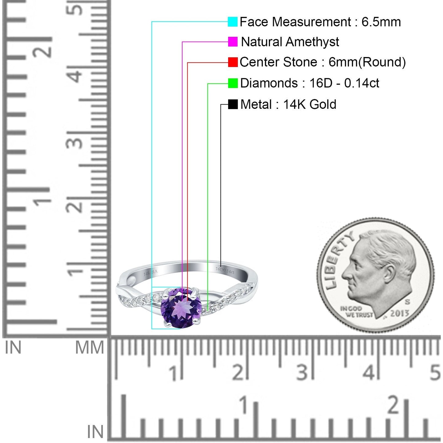 Bague de fiançailles en or blanc 14 carats 0,98 ct Art déco ronde 6 mm G SI avec améthyste naturelle et diamant, taille 6,5