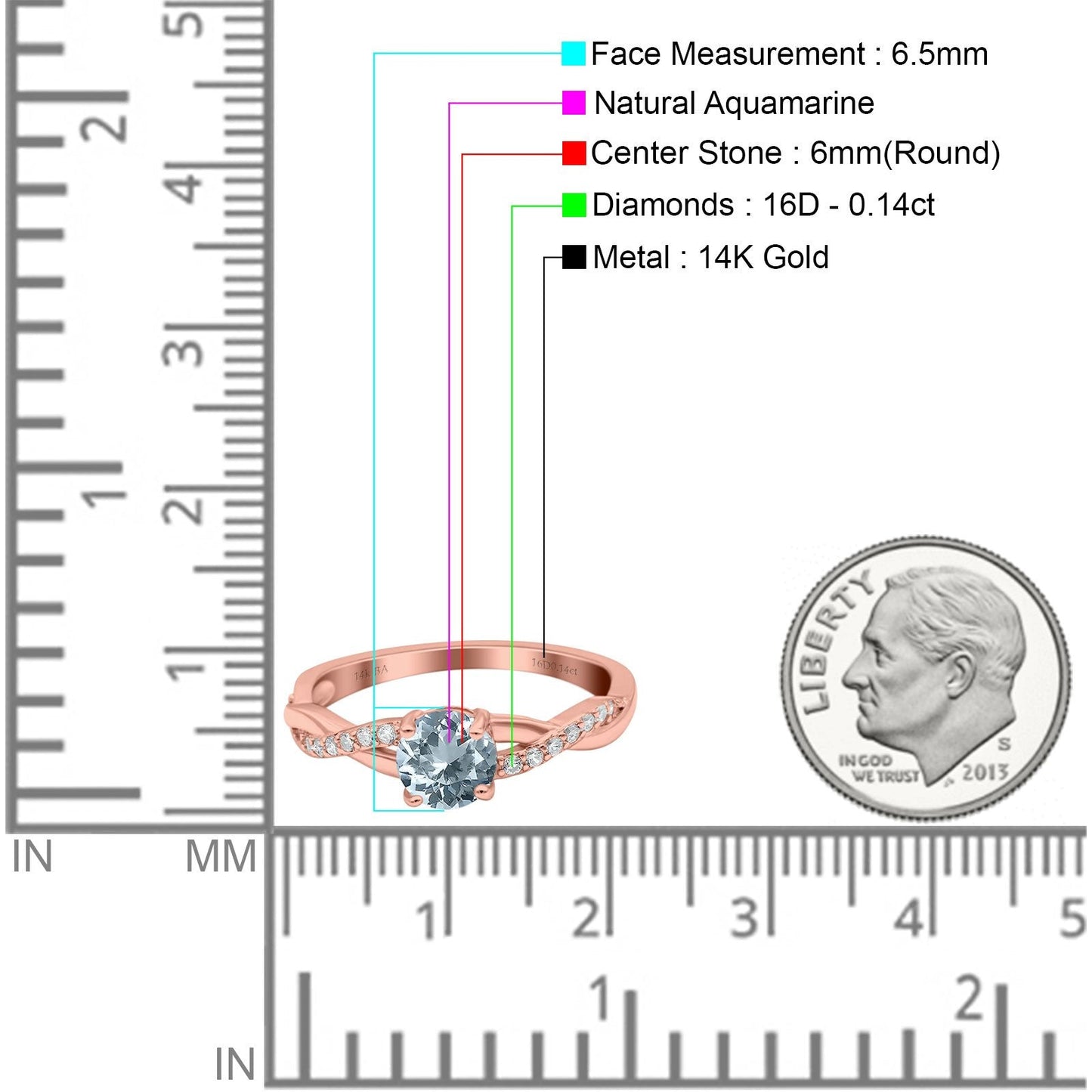 14K Rose Gold 0.98ct Round Art Deco 6mm G SI Natural Aquamarine Diamond Engagement Wedding Ring Size 6.5